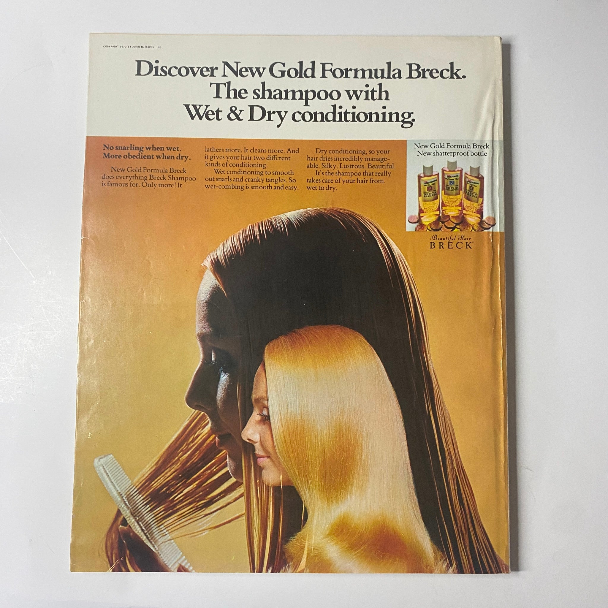 Advertisement from Seventeen Magazine March 1970 for New Gold Formula Breck shampoo, promoting wet and dry conditioning for hair.