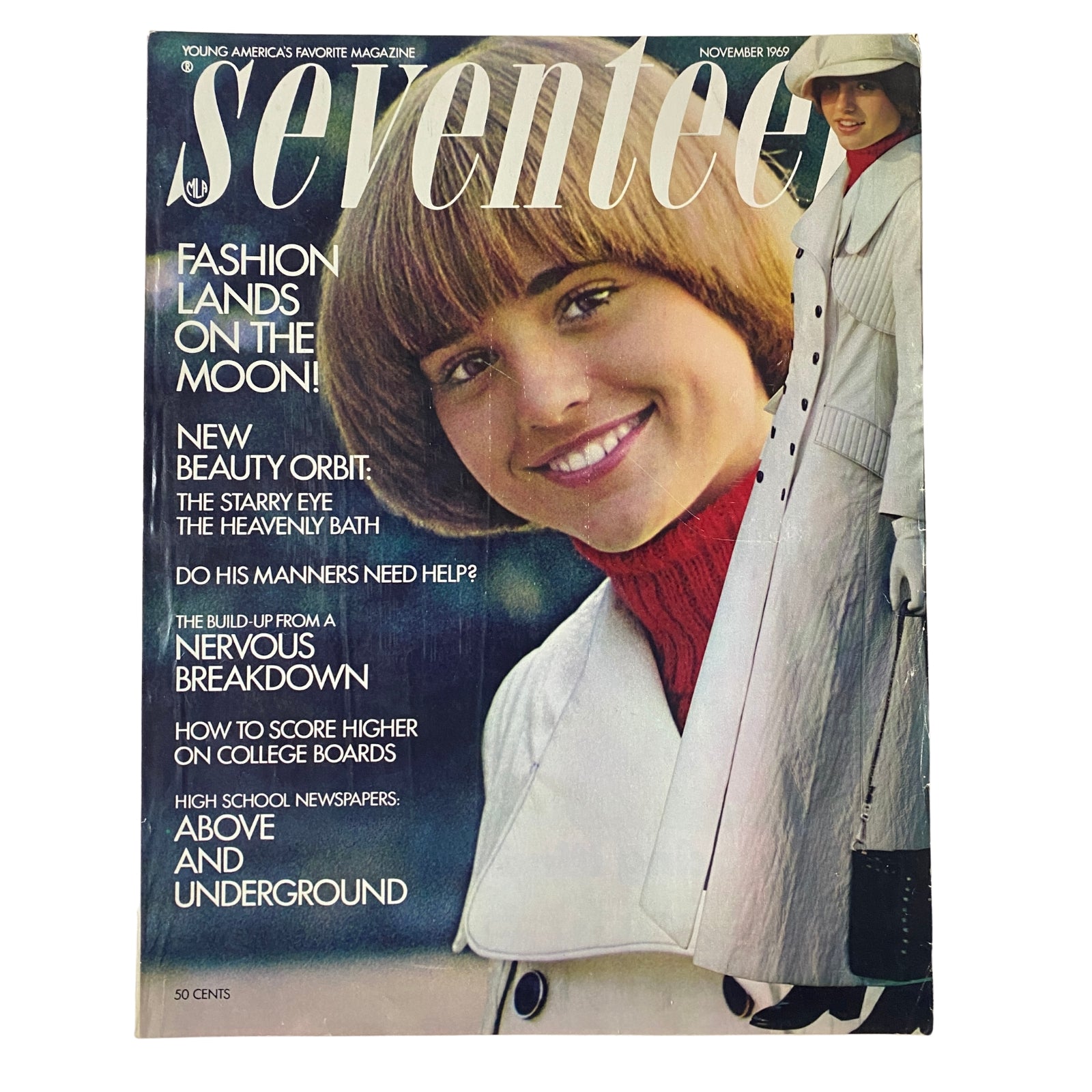 Seventeen Magazine November 1969 cover featuring the title ‘How To Score Higher on College Boards’. The image shows a smiling girl with a chic bob hairstyle wearing a stylish winter coat, encapsulating the fashion trends of the era and the publication's youthful optimism.