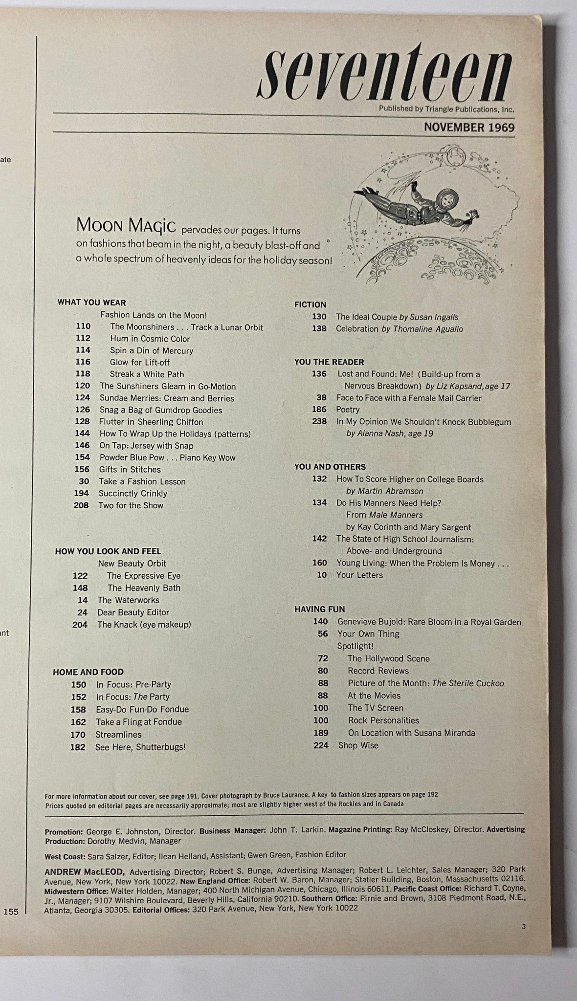 Page from Seventeen Magazine November 1969, featuring the contents and editorial highlights including 'Moon Magic' fashion and advice for college preparation.