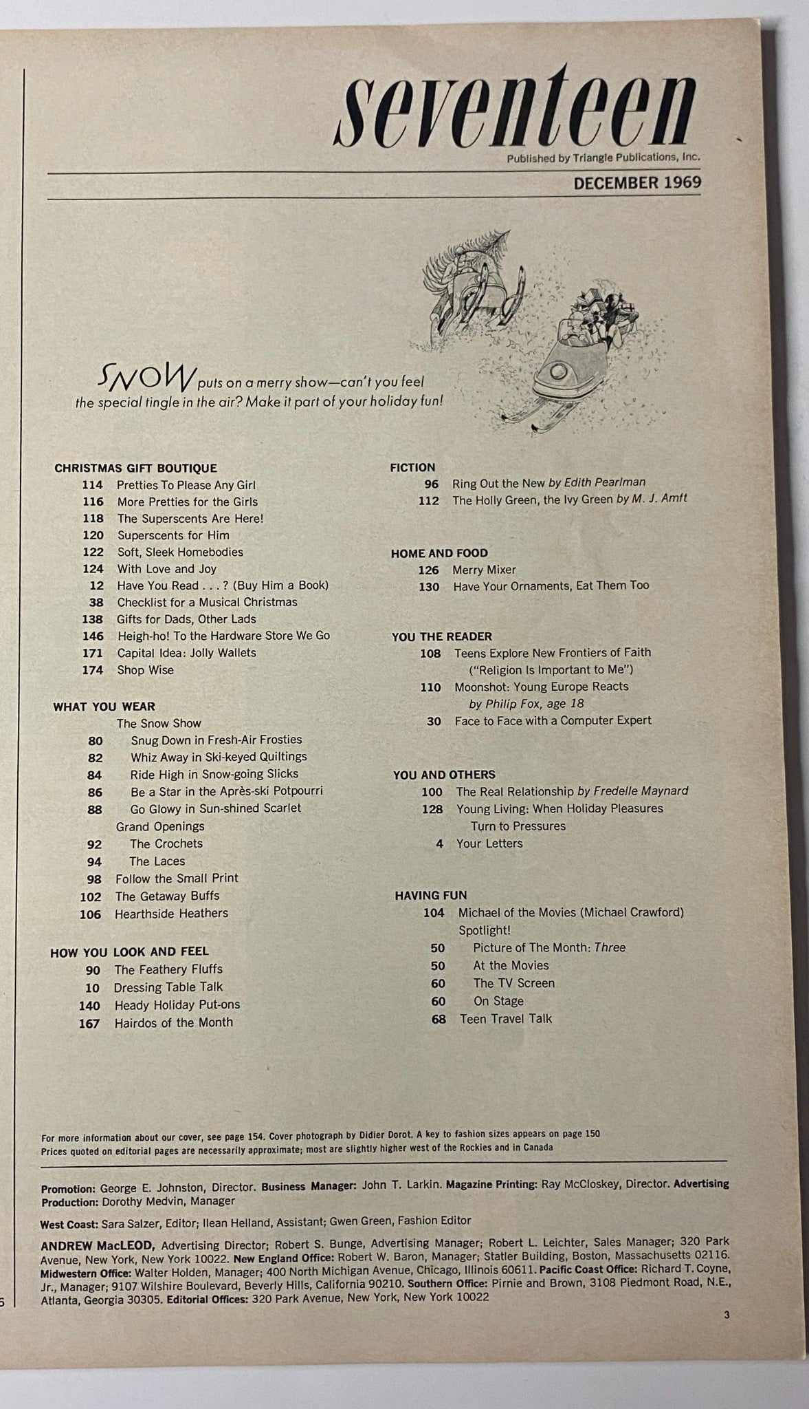 Inside page of Seventeen Magazine December 1969, detailing contents including gift guides and seasonal fashion, published by Triangle Publications.