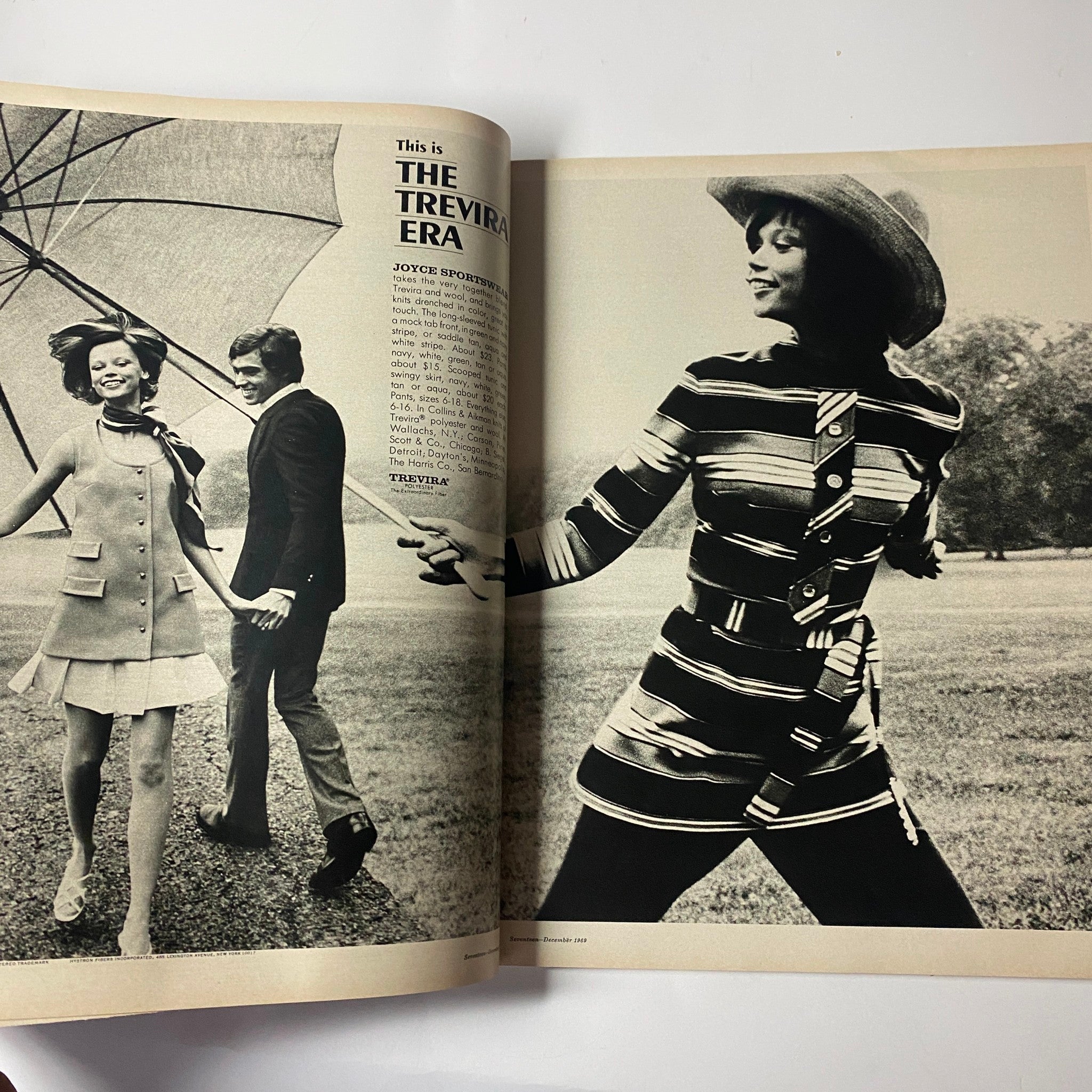 Black and white photo from Seventeen Magazine December 1969 titled 'The Trevirak Era' featuring a stylish couple with an umbrella and a woman in a chic striped dress.