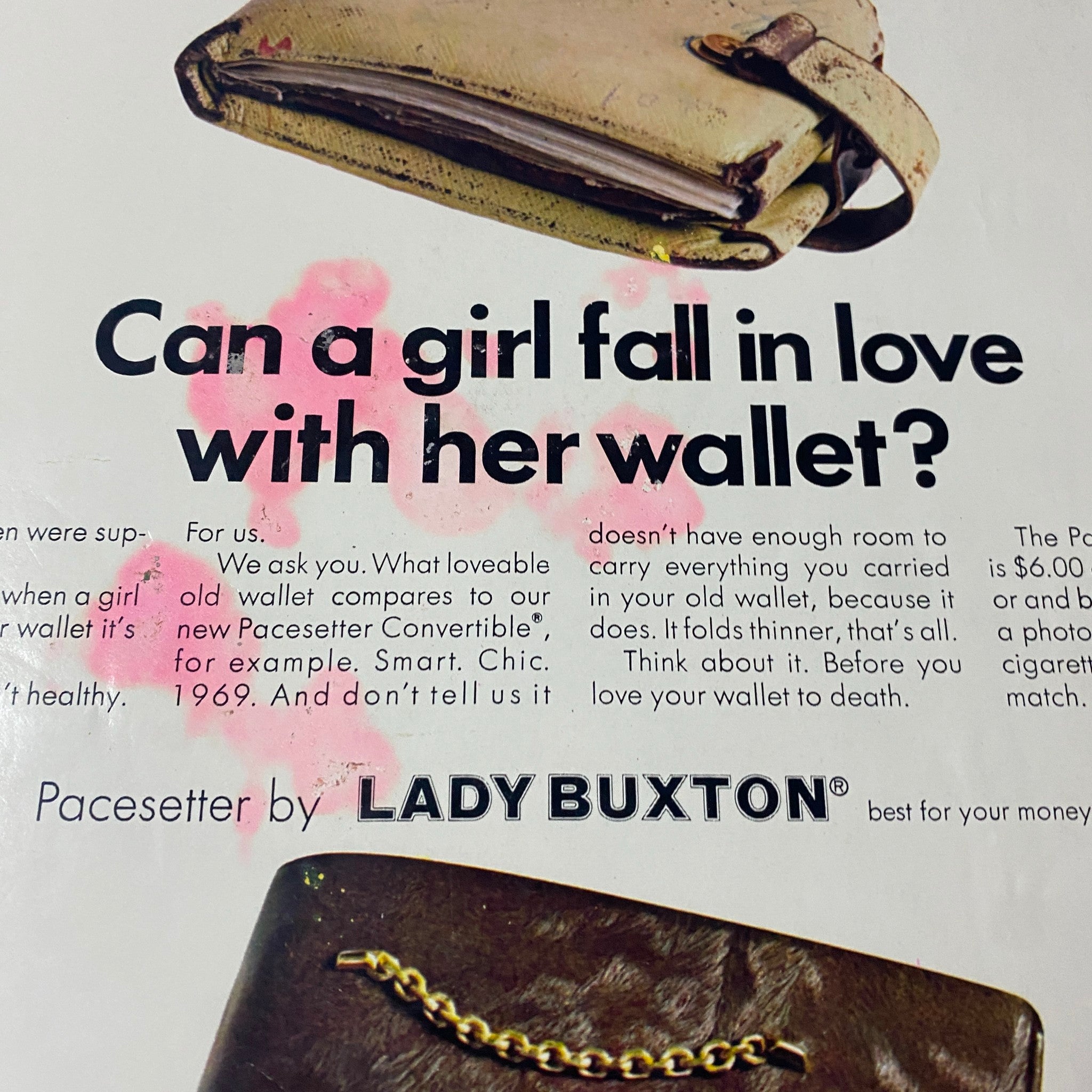 Detailed view of the Lady Buxton advertisement from Seventeen Magazine December 1969, presenting a wallet and asking if a girl can fall in love with her wallet.