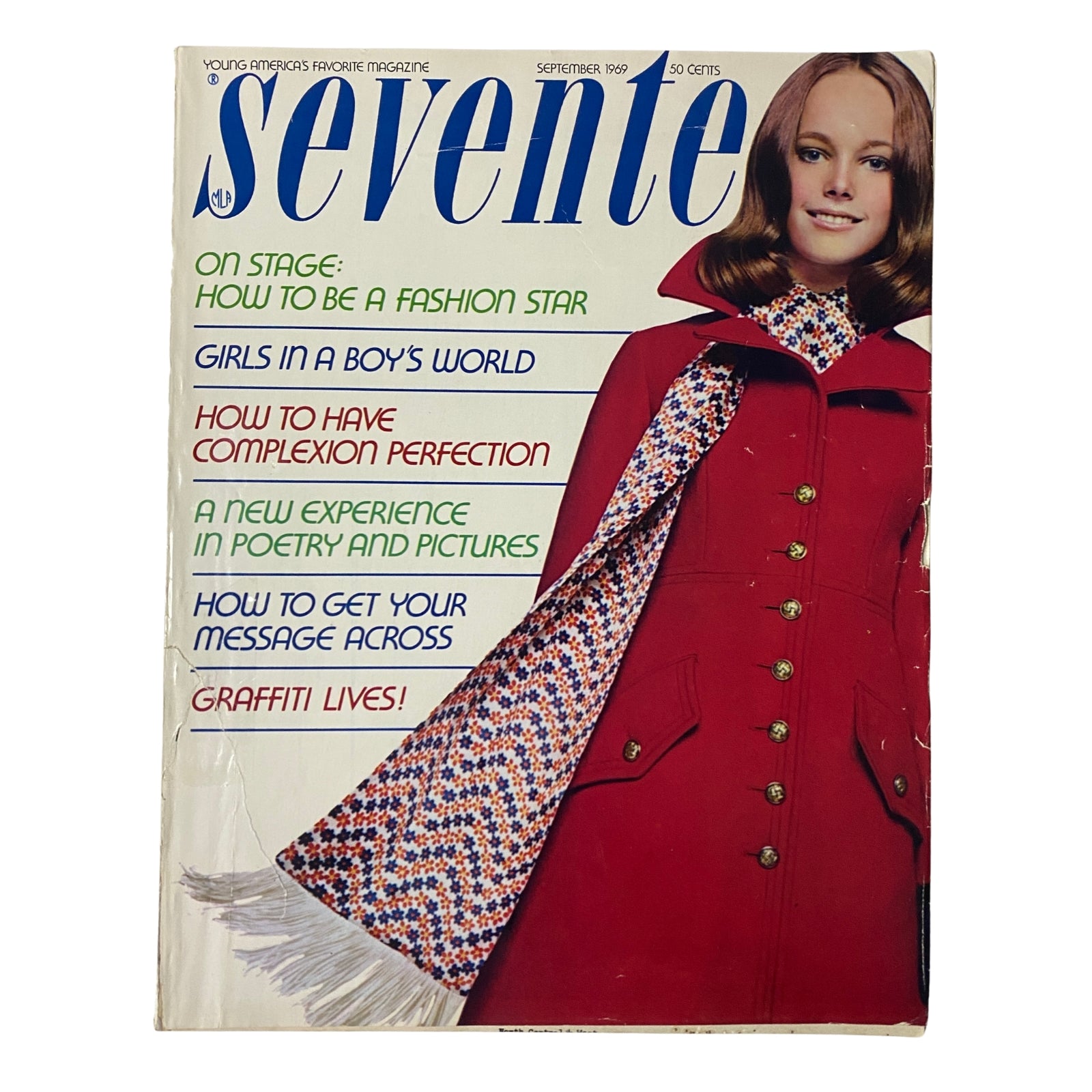 Cover of Seventeen Magazine September 1969 featuring the title 'On Stage: How To Be A Fashion Star', showcasing a model wearing a stylish red coat and scarf.