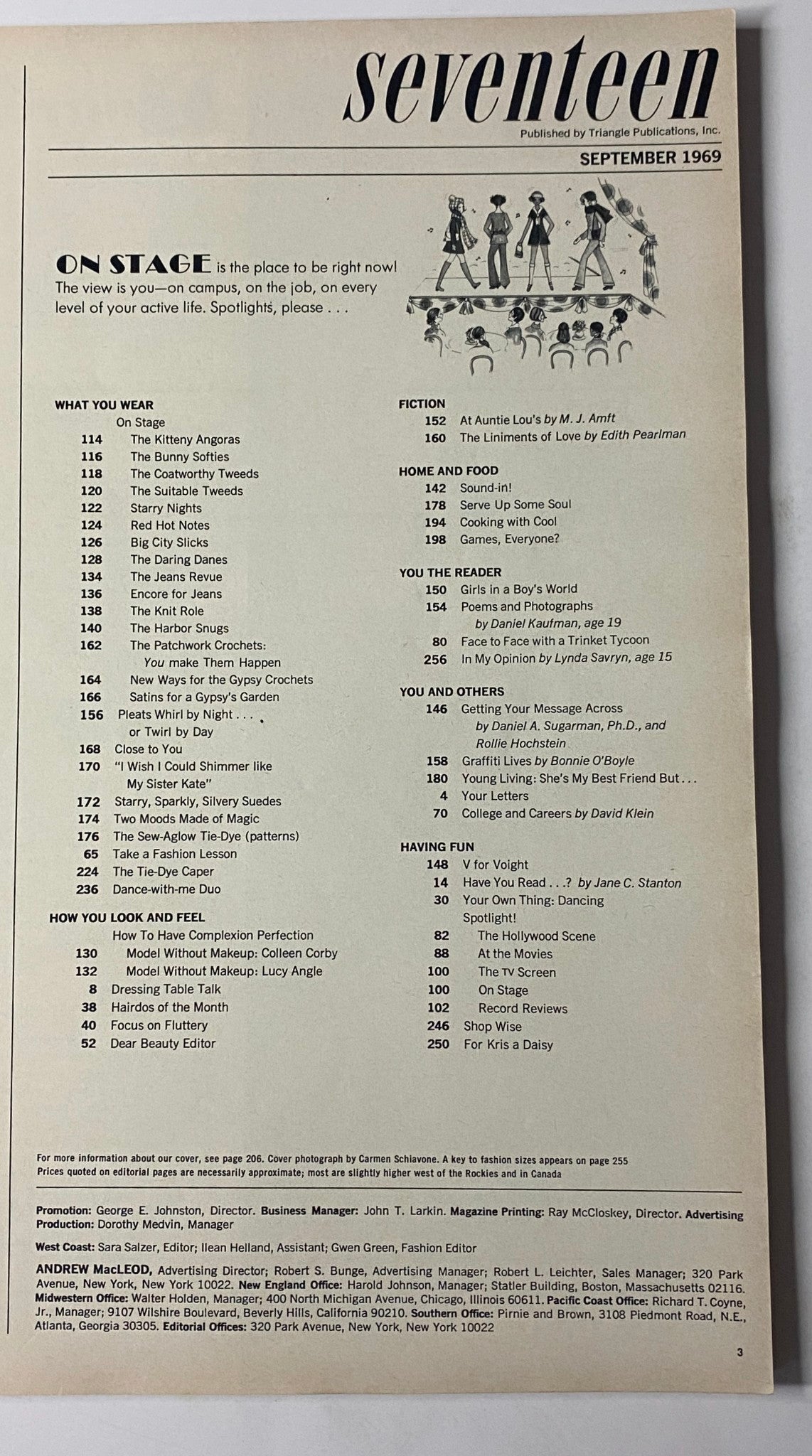 Table of contents page from Seventeen Magazine September 1969 showcasing sections on fashion, fiction, and reader contributions, titled 'On Stage: How To Be A Fashion Star'.
