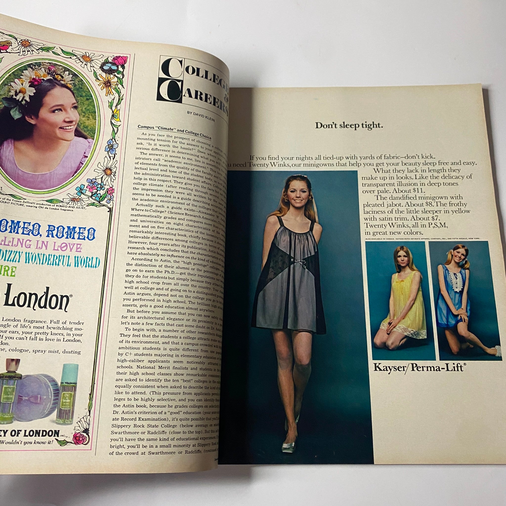 Two-page spread from Seventeen Magazine September 1969 featuring a fashion segment with models showcasing contemporary styles and a tip for college lifestyle, related to the theme 'On Stage: How To Be A Fashion Star'.