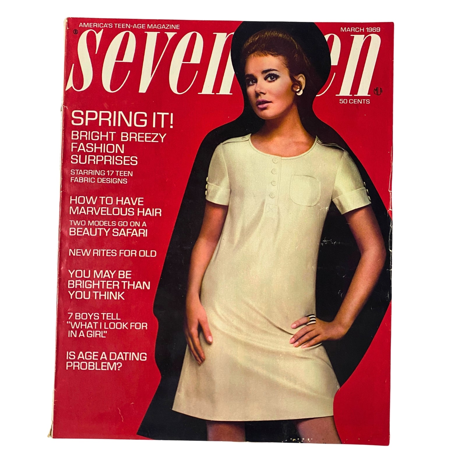 Seventeen Magazine March 1969 cover featuring model in a stylish dress, promoting the theme 'How To Have Marvelous Hair' and highlighting spring fashion and beauty tips.