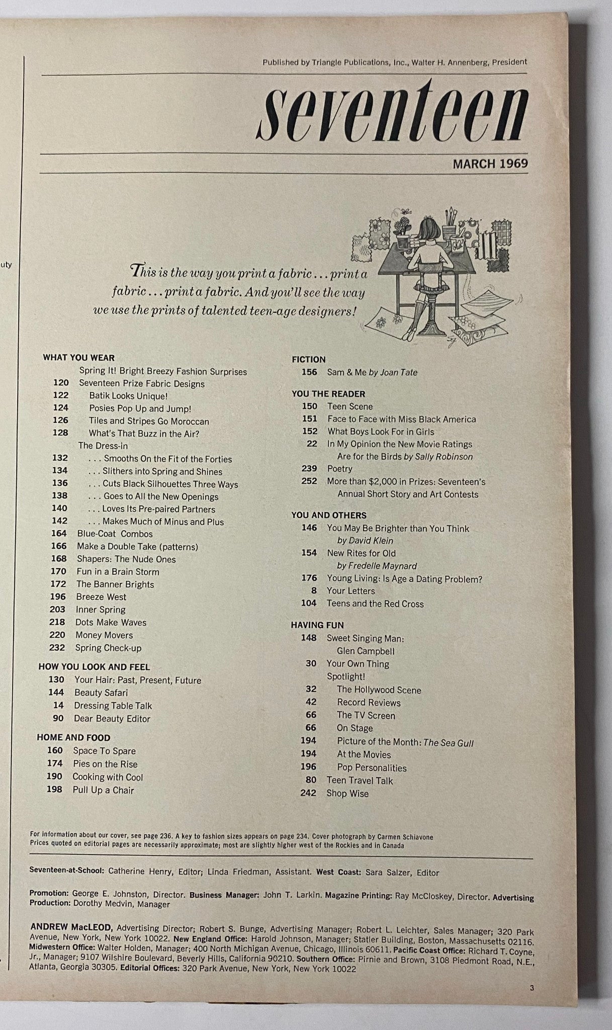 Back cover of Seventeen Magazine March 1969 showcasing the layout and publishing details, emphasizing textile design and the magazine's offerings.