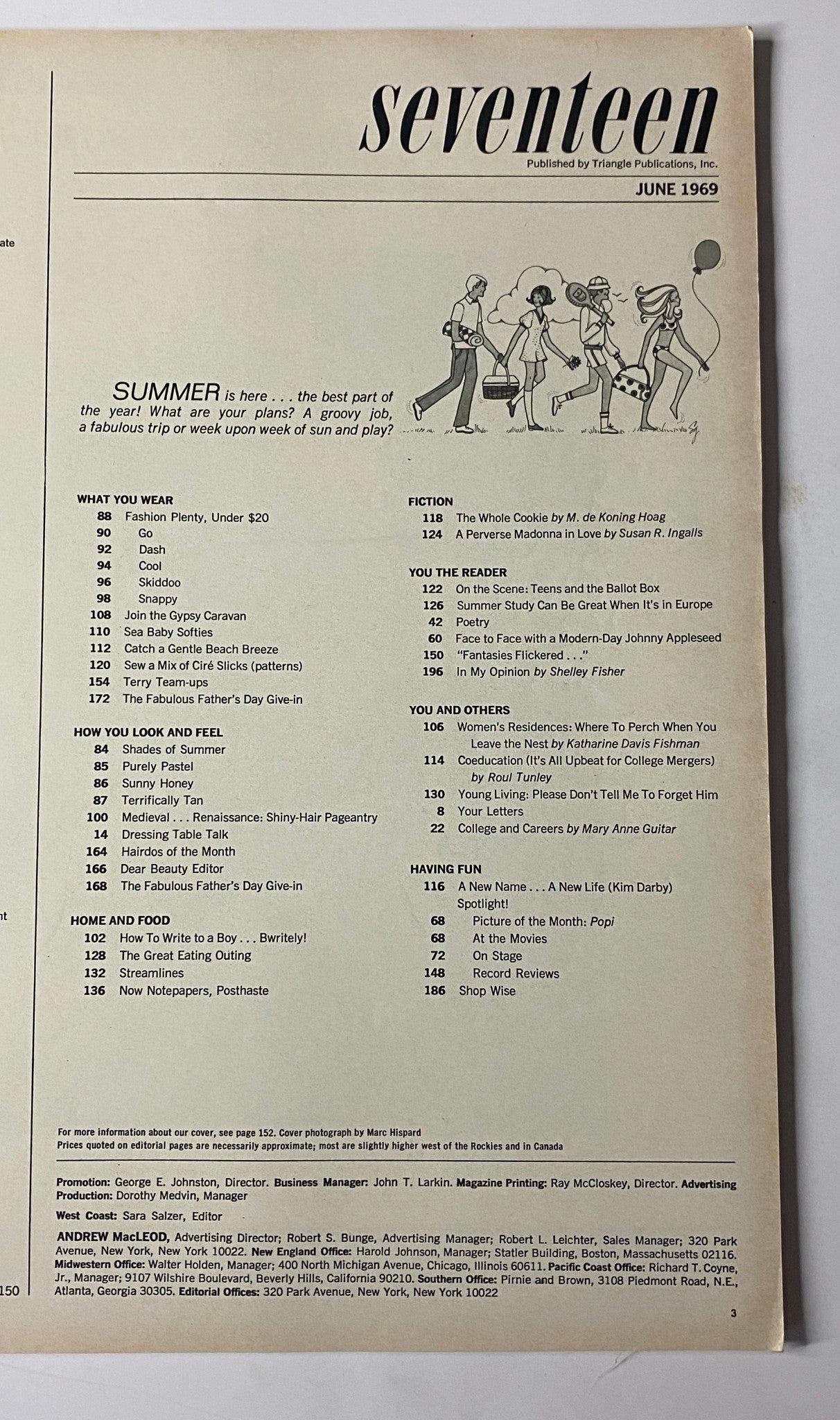 Contents page of Seventeen Magazine June 1969 detailing articles on summer fashion, beauty tips, and teen relationships.