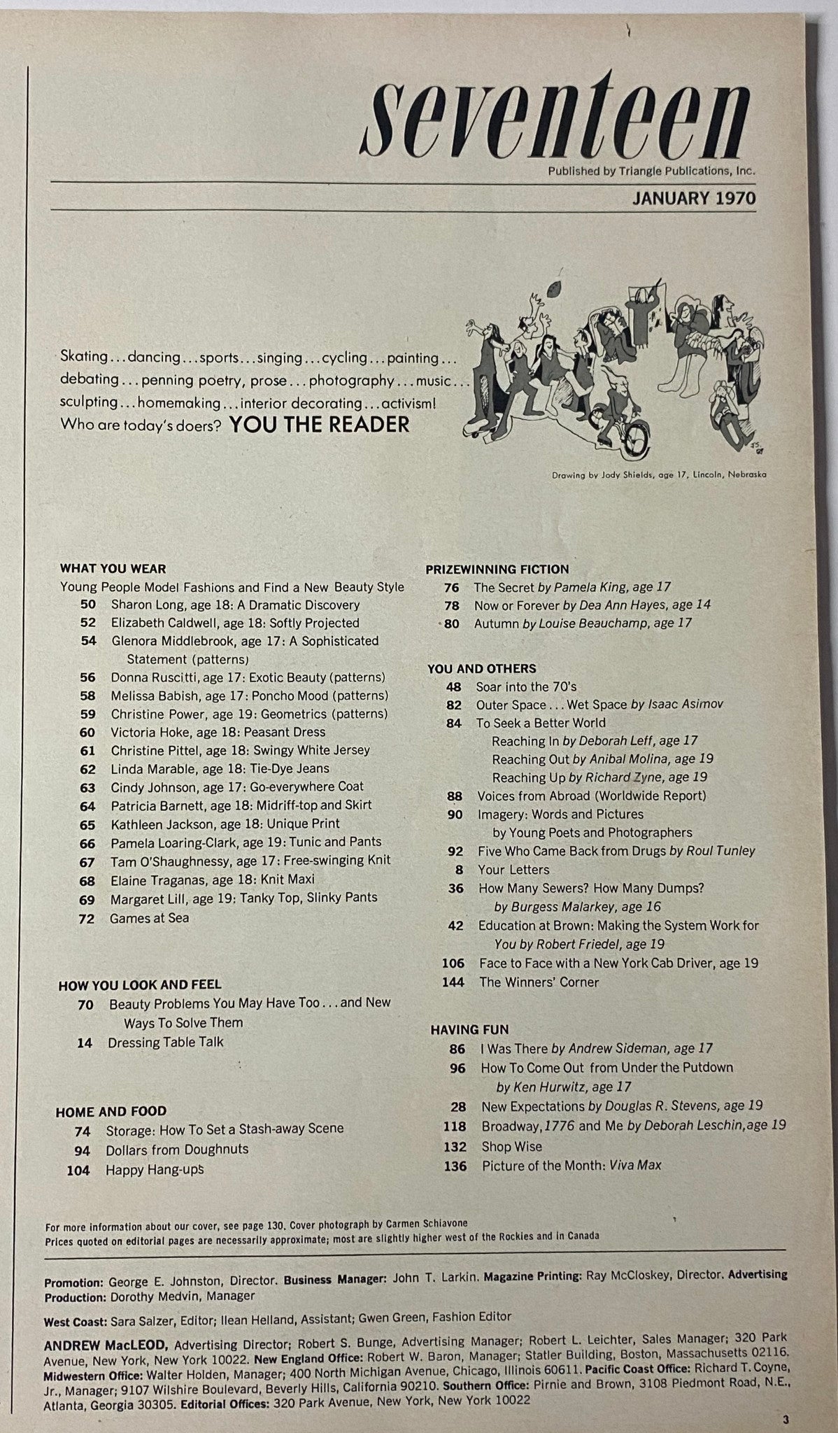 Table of contents from Seventeen Magazine January 1970 displaying articles and features highlighting youth culture and creativity.