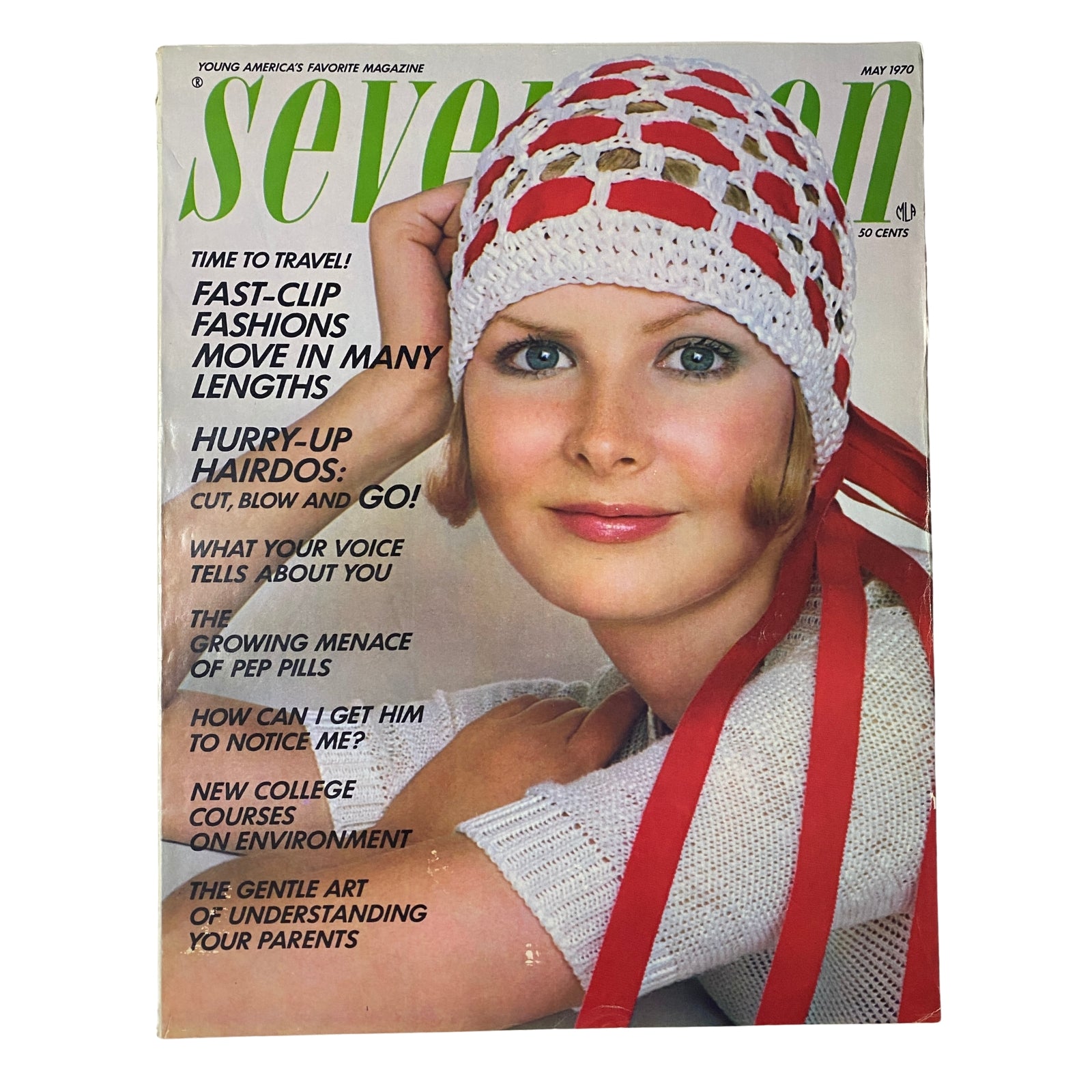 Cover of Seventeen Magazine May 1970 featuring a young woman wearing a stylish crocheted hat and a fashionable outfit. The headline reads 'The Growing Menace of Pep Pills' highlighting health issues relevant to youth.