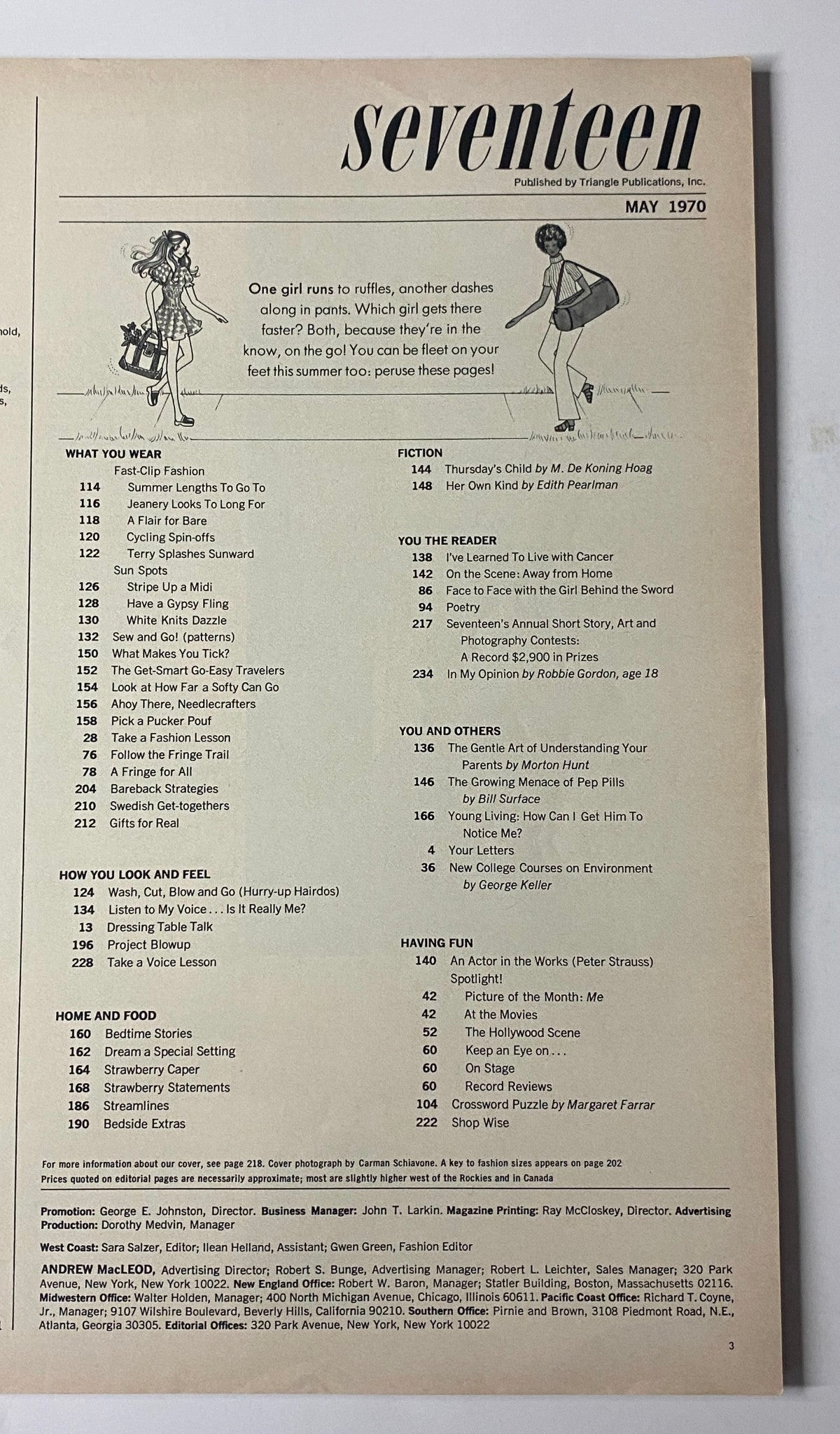 Table of contents page from Seventeen Magazine May 1970 outlining various articles and features including fashion tips, health advice, and fiction, emphasizing the magazine's focus on youthful topics.