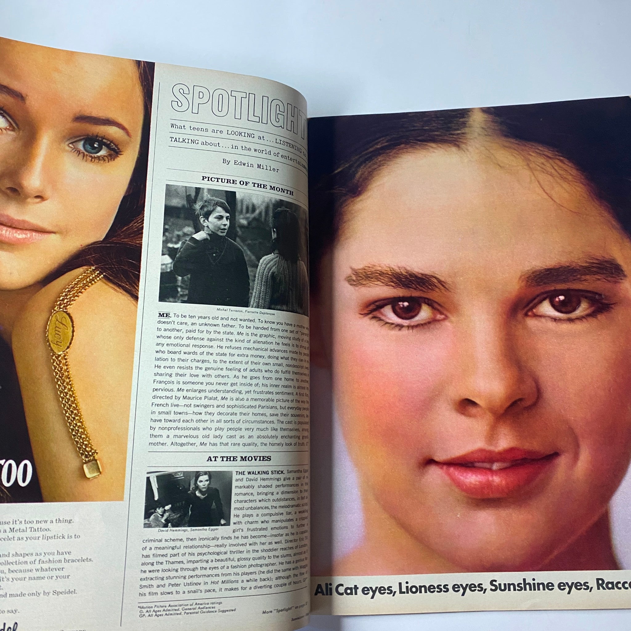 Spotlight feature from Seventeen Magazine May 1970 showcasing a young model with striking makeup and jewelry. The section highlights trends and beauty insights popular among teens at the time.
