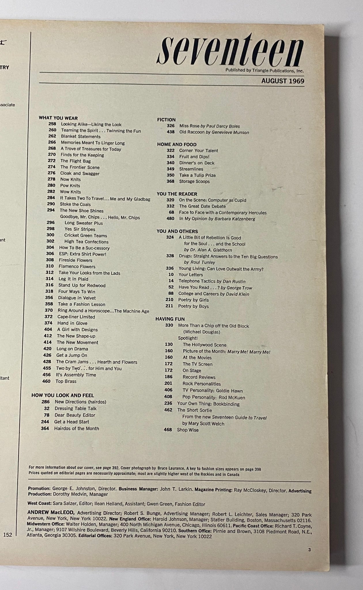 The contents page of Seventeen Magazine August 1969 Fashion Issue, listing articles and features, providing insight into the magazine's content.