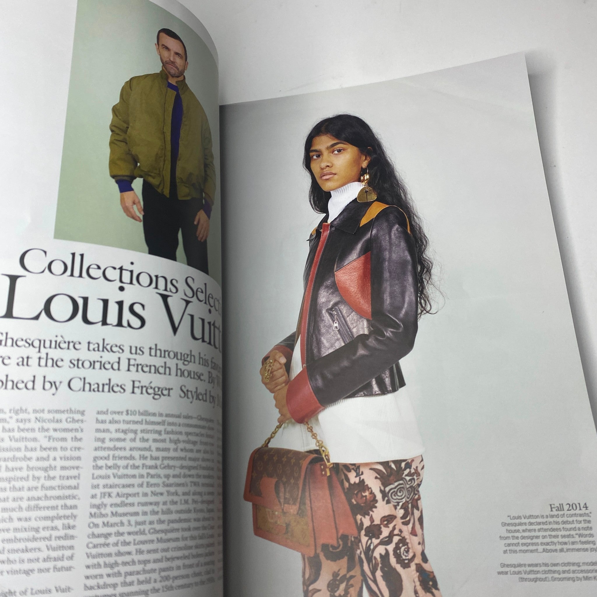 Interior page from W Magazine 2020 Vol 4 featuring a fashion spread of Louis Vuitton collections selected by Nicolas Ghesquière, styled by Charles Fréger.