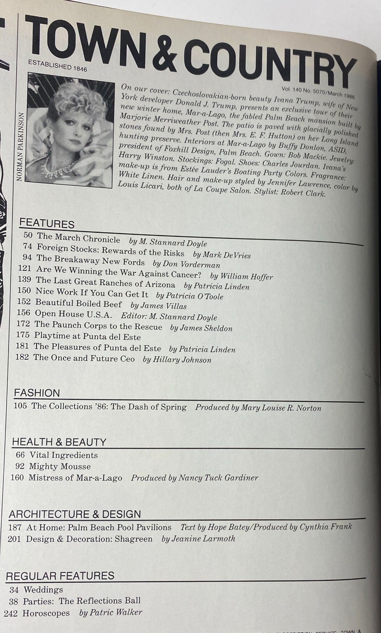 Table of contents page from Town & Country Magazine, March 1986, highlighting featured articles and sections, including contributions on fashion and health from notable figures. This issue emphasizes elegance and sophistication in 1980s lifestyle.