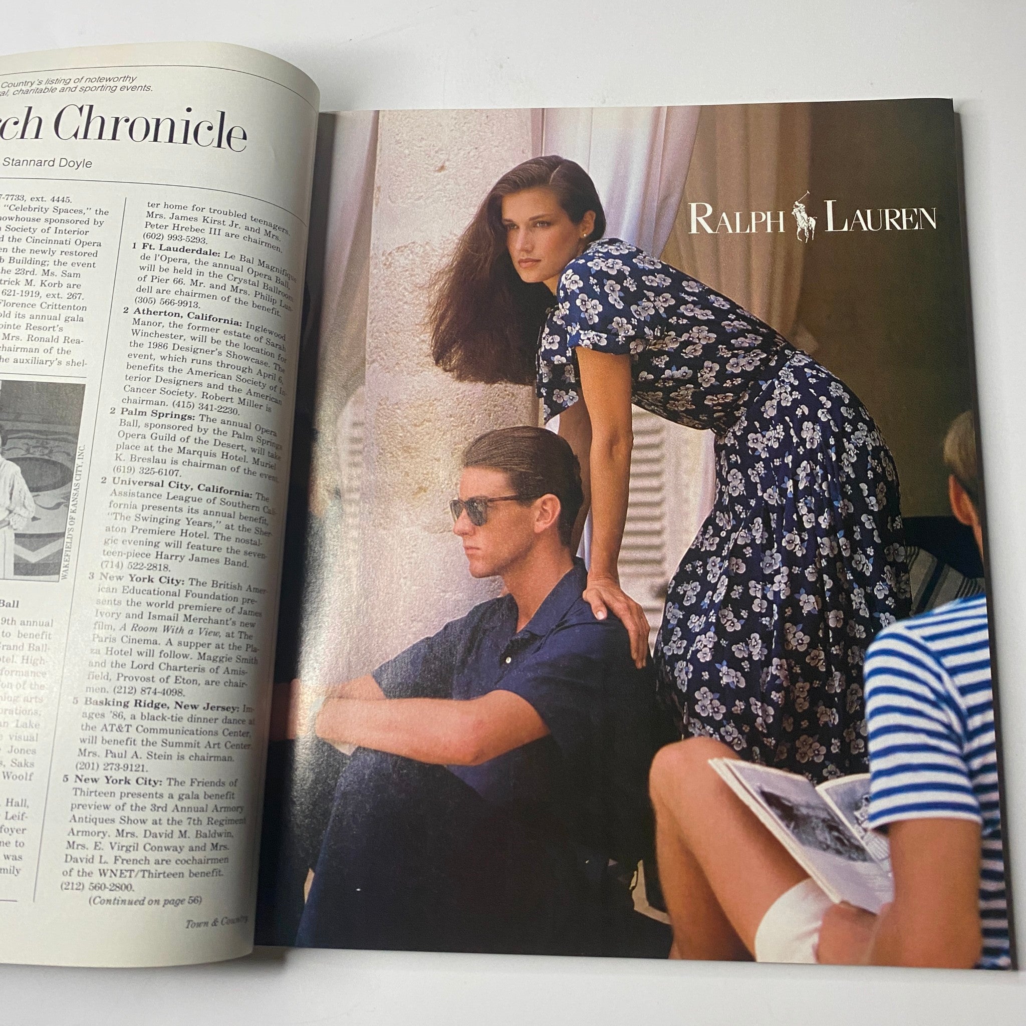 Fashion editorial from Town & Country Magazine, March 1986, displaying a stylish couple dressed in classic Ralph Lauren attire. This image reflects the timeless elegance and lifestyle presented in the magazine.