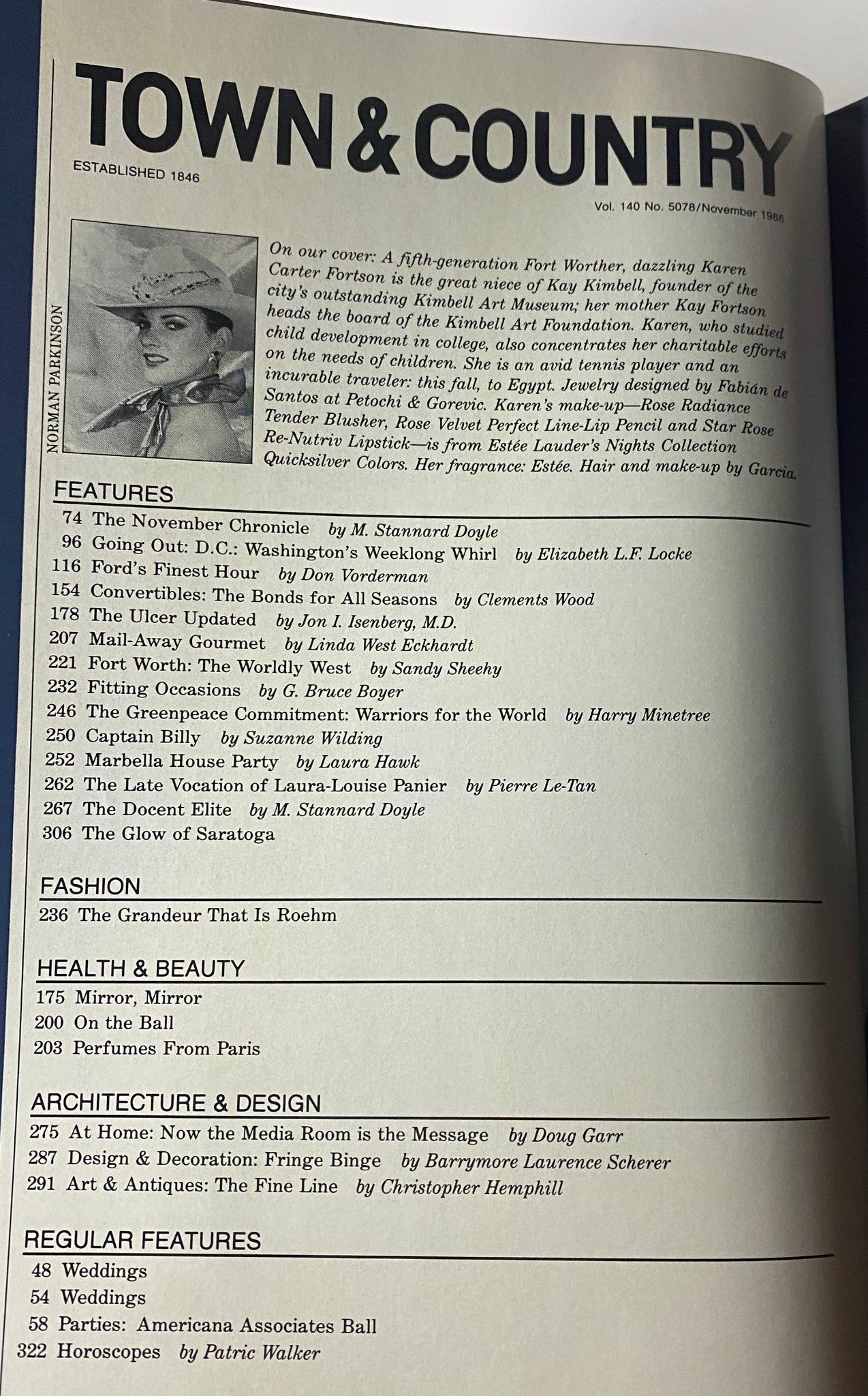 Table of contents from Town & Country Magazine November 1986, highlighting features on fashion, art, and societal events, including articles and contributors.