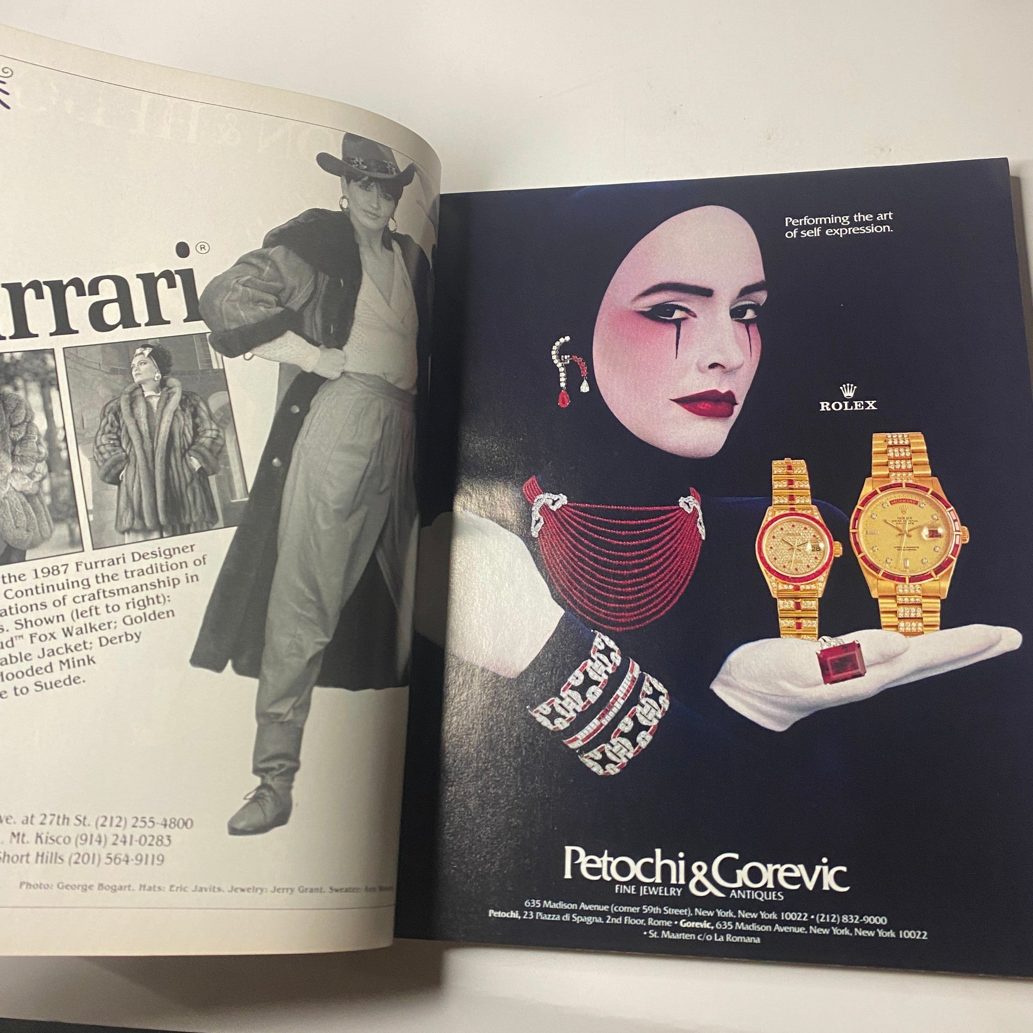Advertisement from Town & Country Magazine November 1986 for Rolex watches, showcasing stylish timepieces worn by a model in dramatic makeup and accessories.