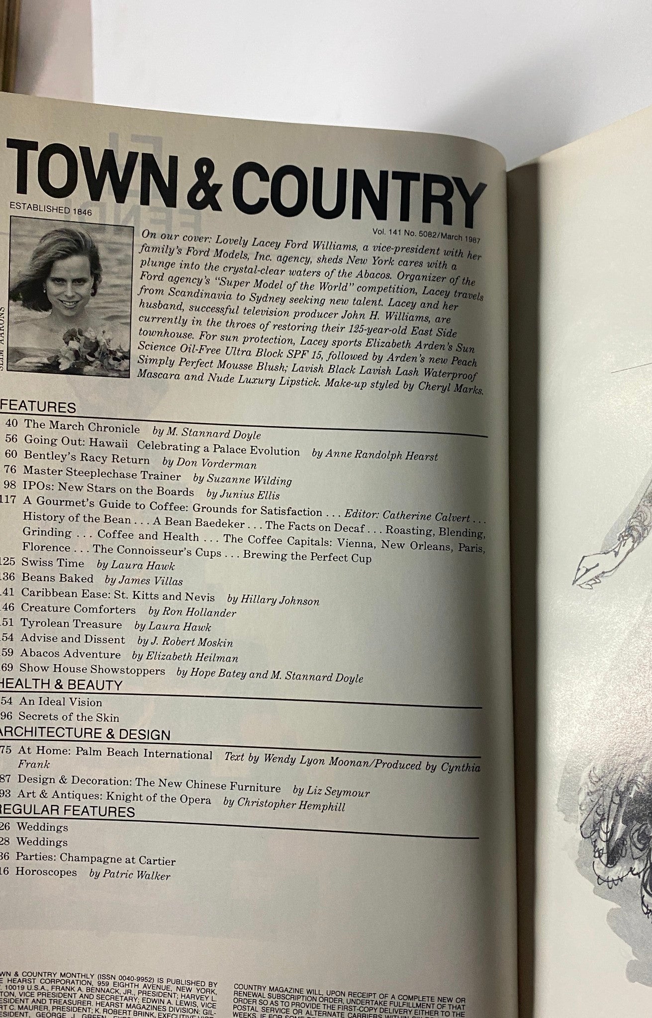 Inside page of Town & Country Magazine March 1987 detailing features about Lacey Ford Williams and other articles, offering insights into fashion and society.
