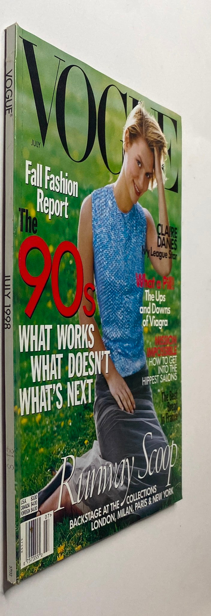 Cover of Vogue Magazine July 1998 highlighting Claire Danes on the cover, with a focus on fashion trends and beauty recommendations in the 90s.