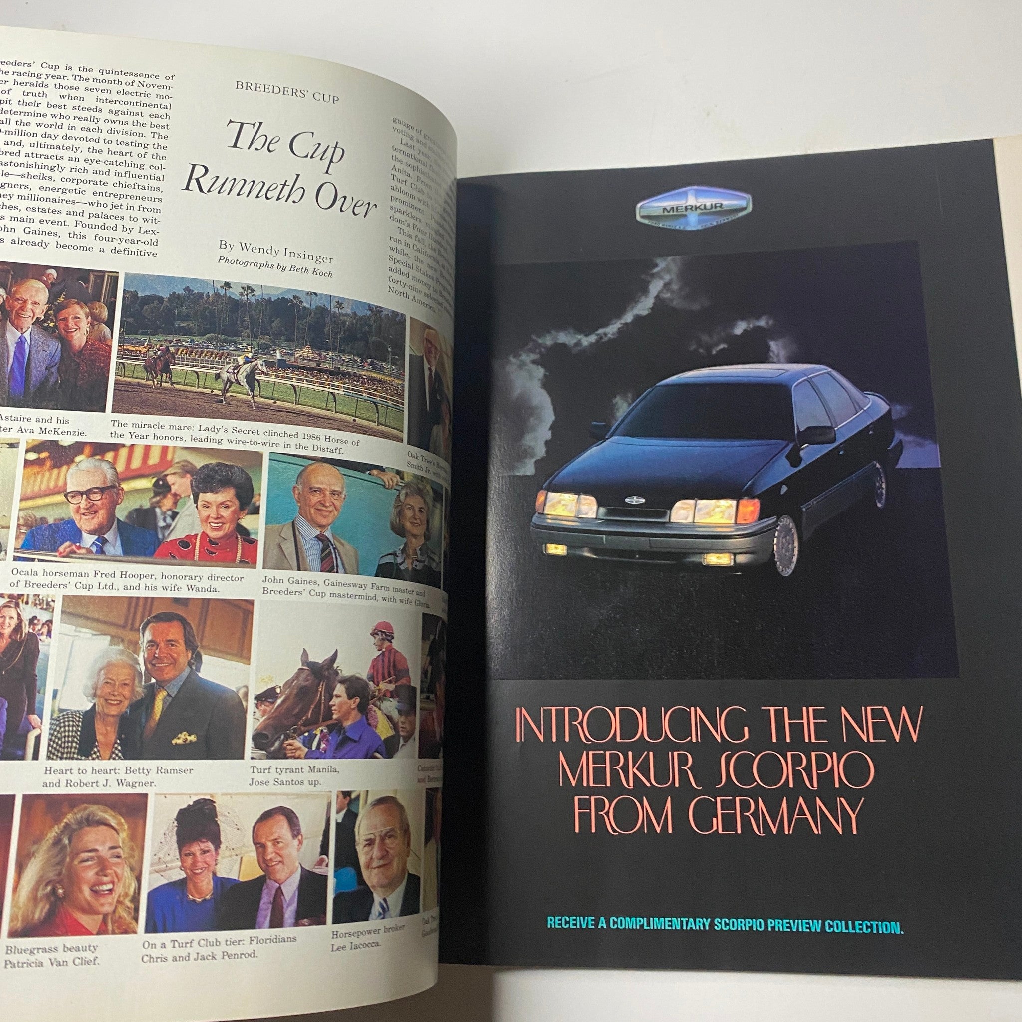 Town & Country Magazine July 1987 featuring the introduction of the new Merkur Scorpio from Germany in an automotive advertisement, showcasing a sleek car design with various individuals in the background.