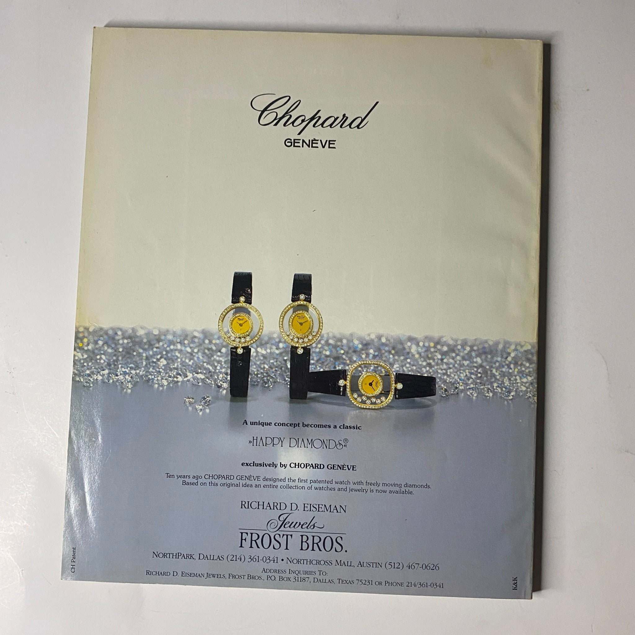 Town & Country Magazine July 1987 displaying a Chopard advertisement featuring Happy Diamonds watches, set against a sparkling background, emphasizing luxury and elegance.