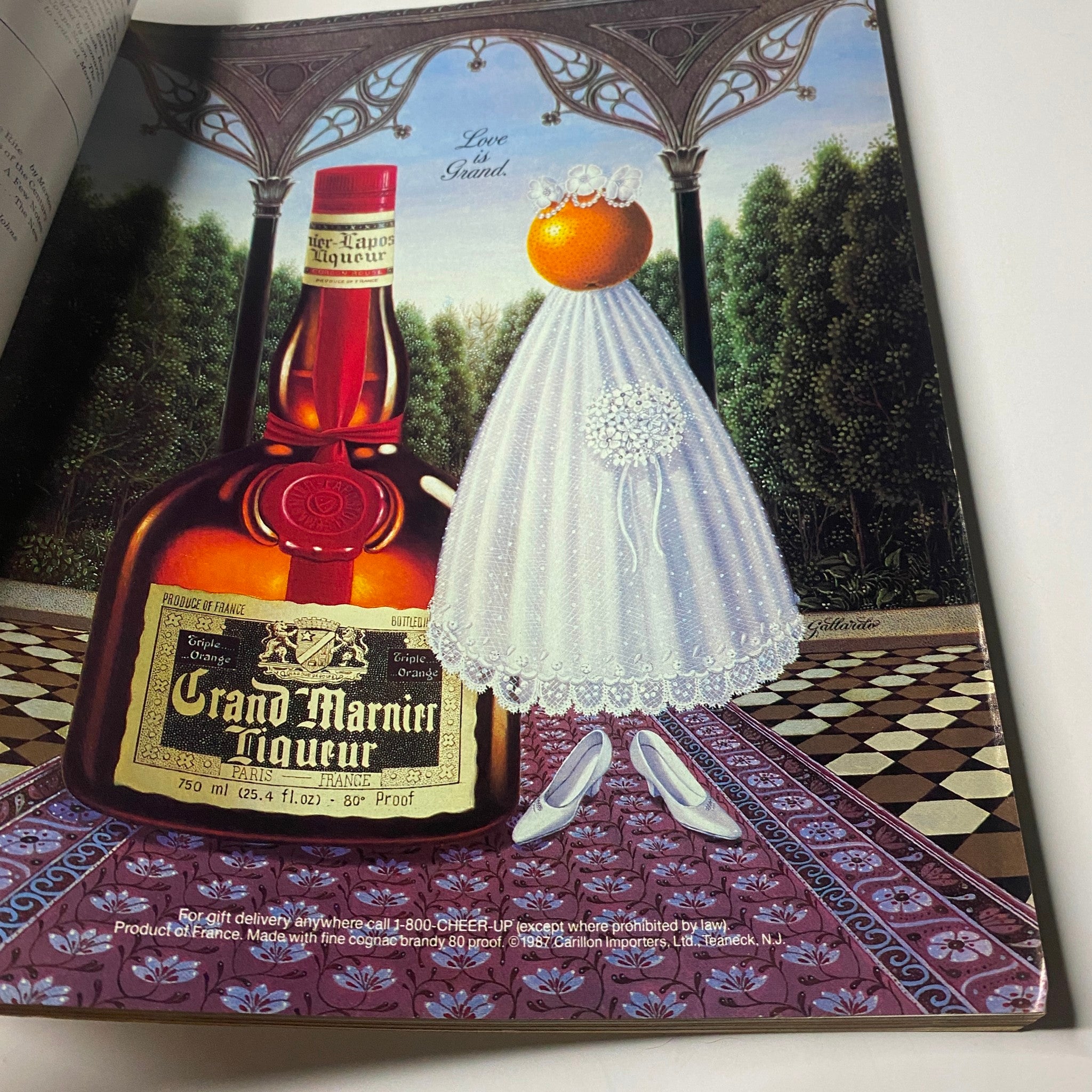 Artistic illustration from Town & Country Magazine June 1987 featuring a whimsical bridal-themed image with a bottle of Grand Marnier and a bridal gown.