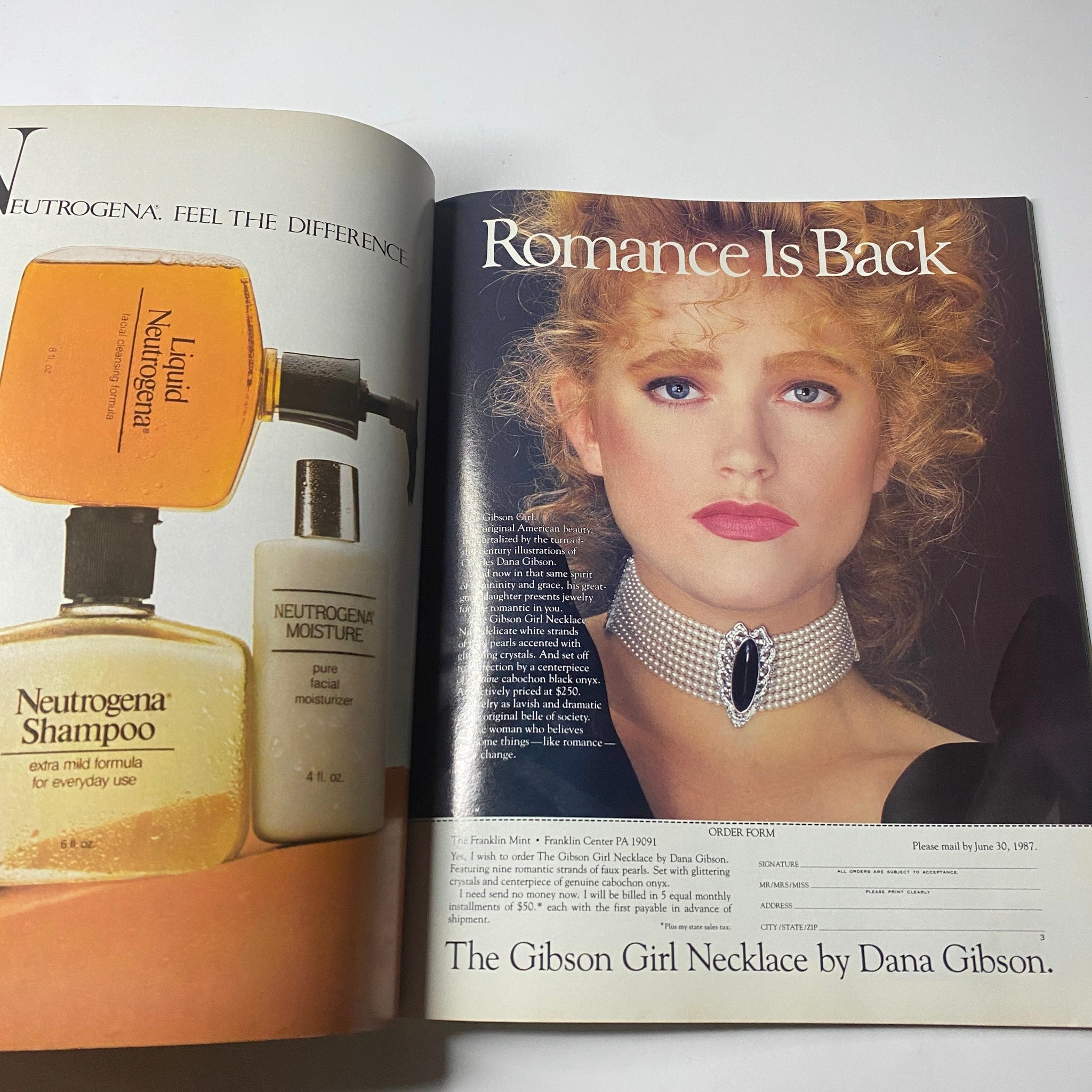 Town & Country Magazine June 1987 highlights a model promoting Neutrogena products and the stunning Gibson Girl Necklace by Dana Gibson, reflecting beauty and romance.