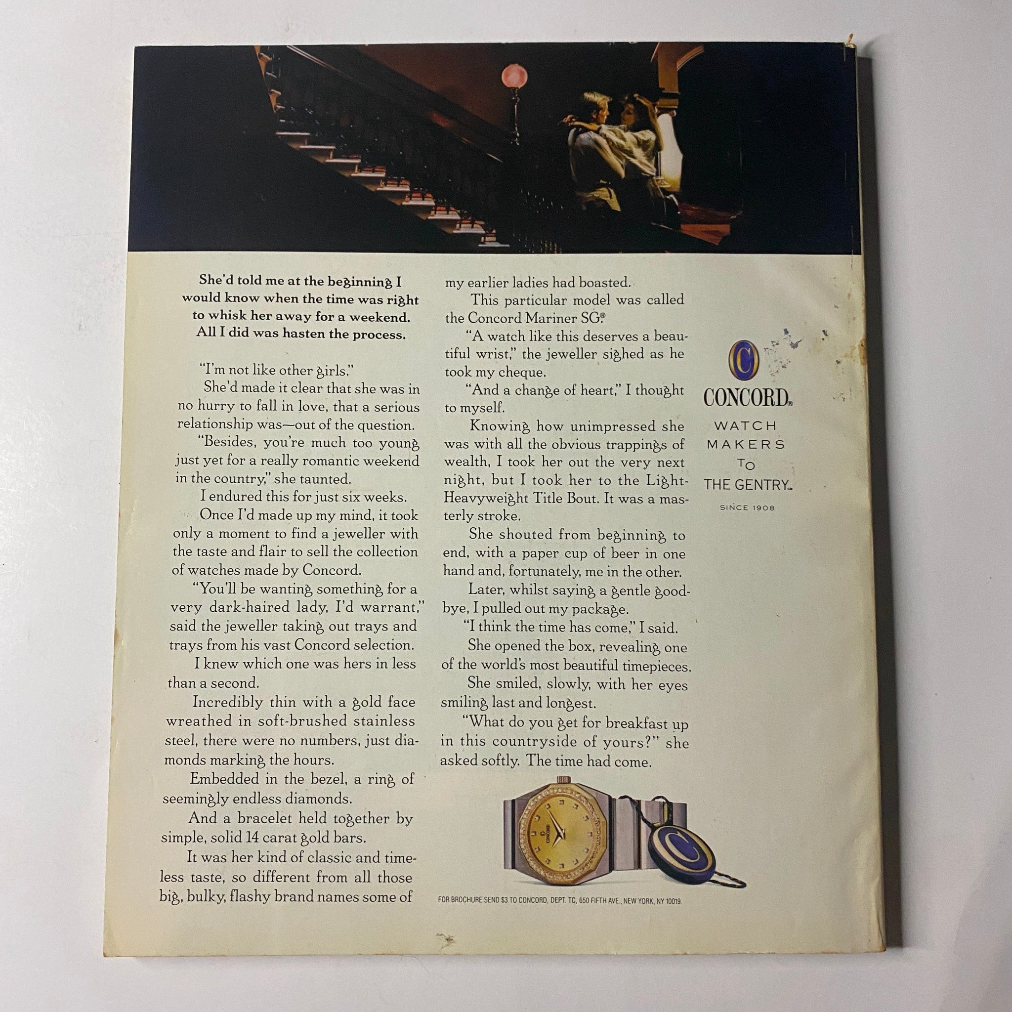 Town & Country Magazine June 1987 includes a vintage advertisement with a narrative about luxury watches, complemented by an evocative image of a staircase and a timepiece.