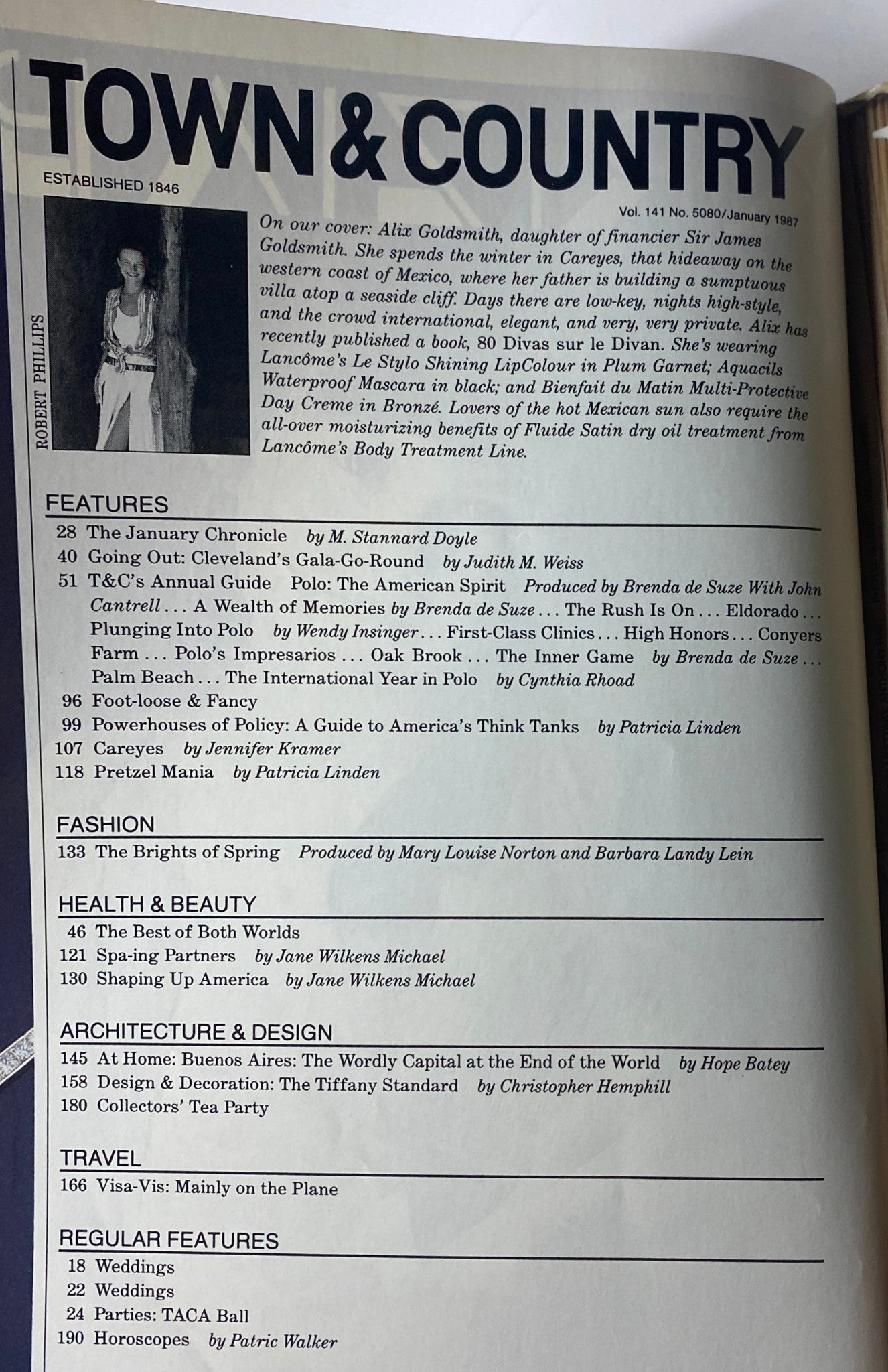 Interior page from Town & Country Magazine January 1987 displaying the table of contents, highlighting features and articles on fashion, beauty, and travel.
