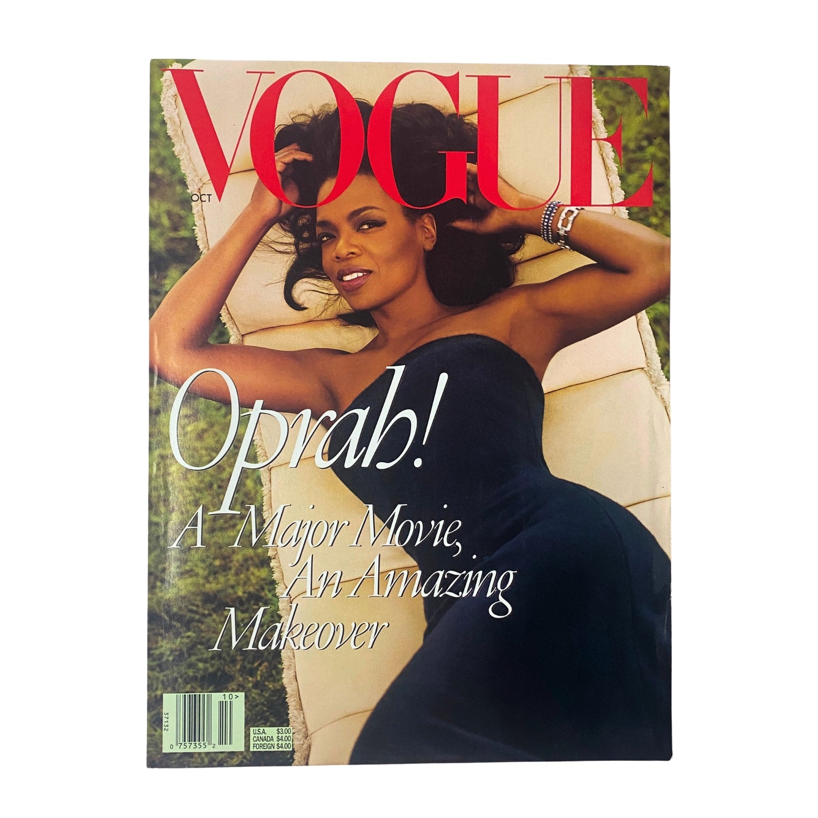 Vogue Magazine October 1998 featuring Oprah Winfrey on the cover in a stunning black dress, highlighting a major movie and amazing makeover.