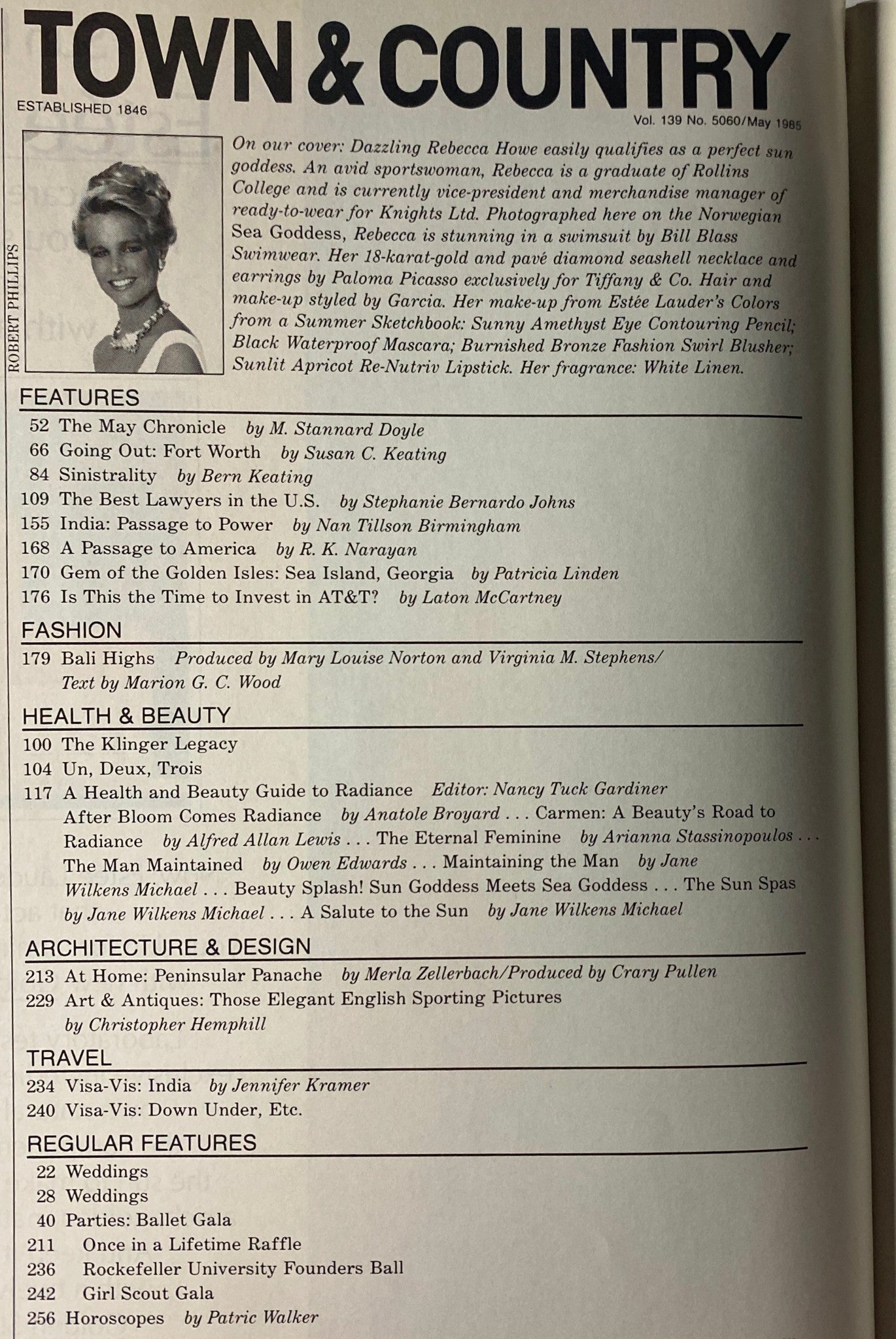 Town & Country Magazine May 1985 contents page with features including 'The May Chronicle', 'Going Out: Fort Worth', and a health and beauty guide, highlighting luxury lifestyle and captivating articles.