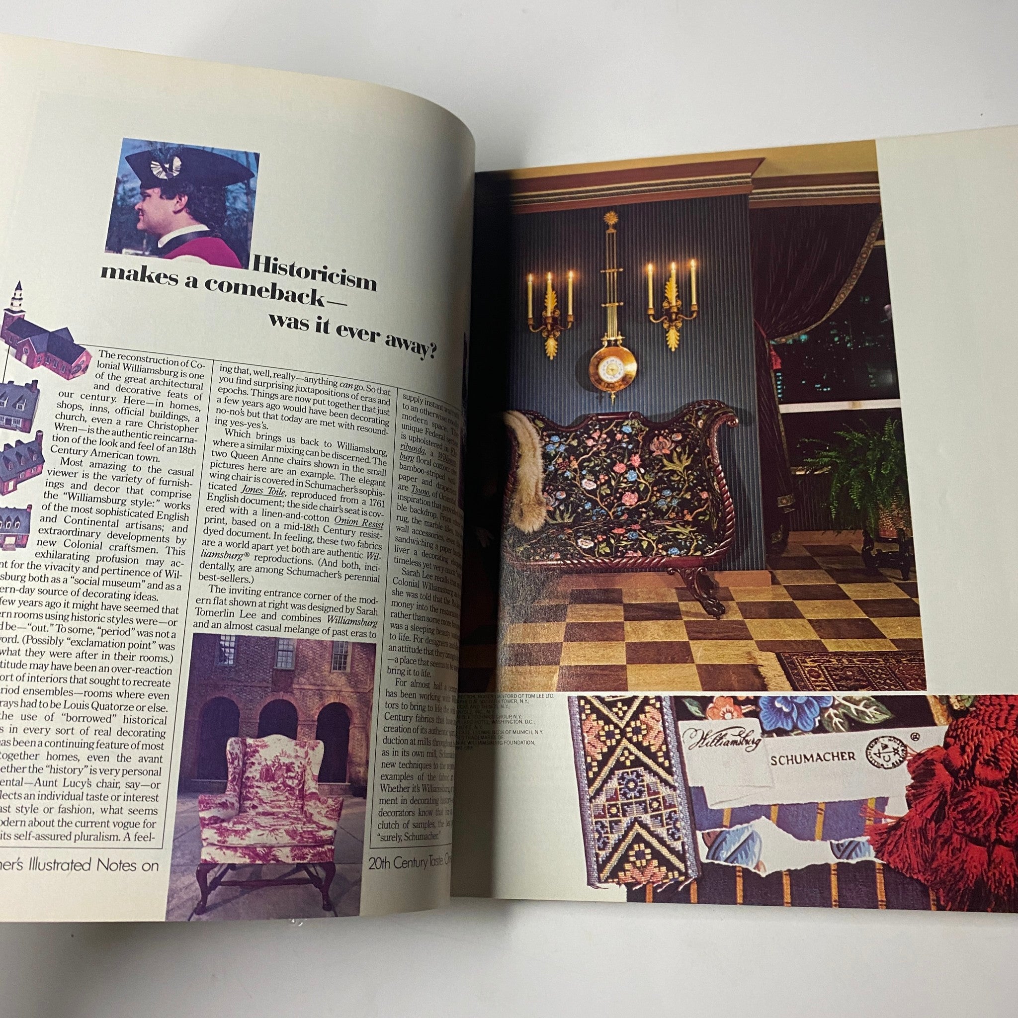 Interior design feature from Town & Country Magazine May 1985, showcasing historicism in decor with ornate furniture and textiles.
