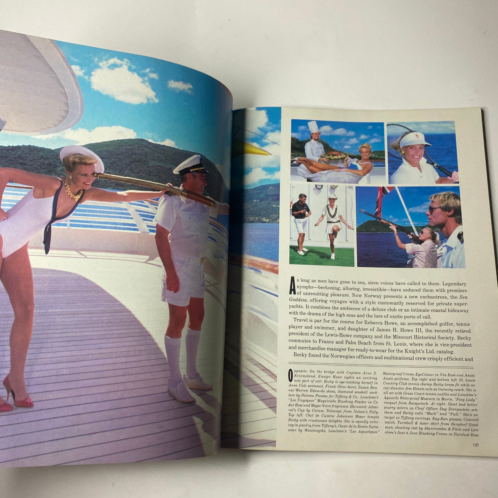 Fashion and lifestyle spread from Town & Country Magazine May 1985, highlighting luxury living aboard the Sea Goddess yacht with models styled in elegant outfits.