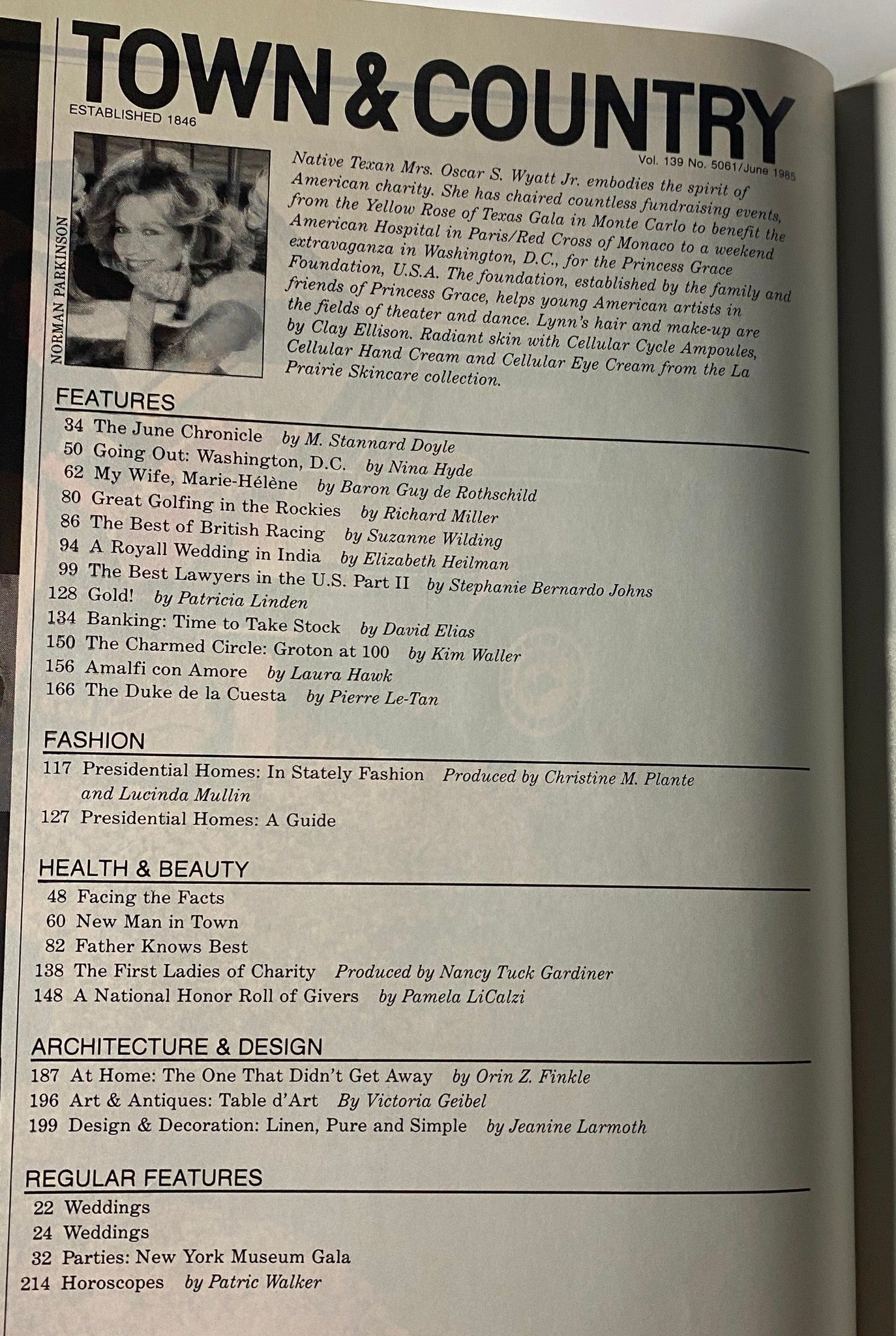 Inside contents of Town & Country Magazine June 1985 featuring articles and fashion highlights.