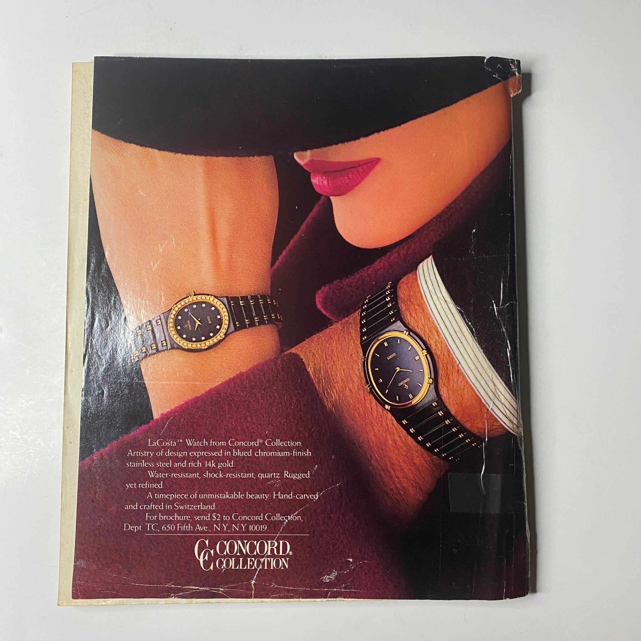 Back cover of the Town & Country Magazine June 1985 featuring a stylish advertisement for Concord watches, showcasing elegant timepieces on a model's wrist. Ideal for collectors of vintage magazines and fashion enthusiasts.