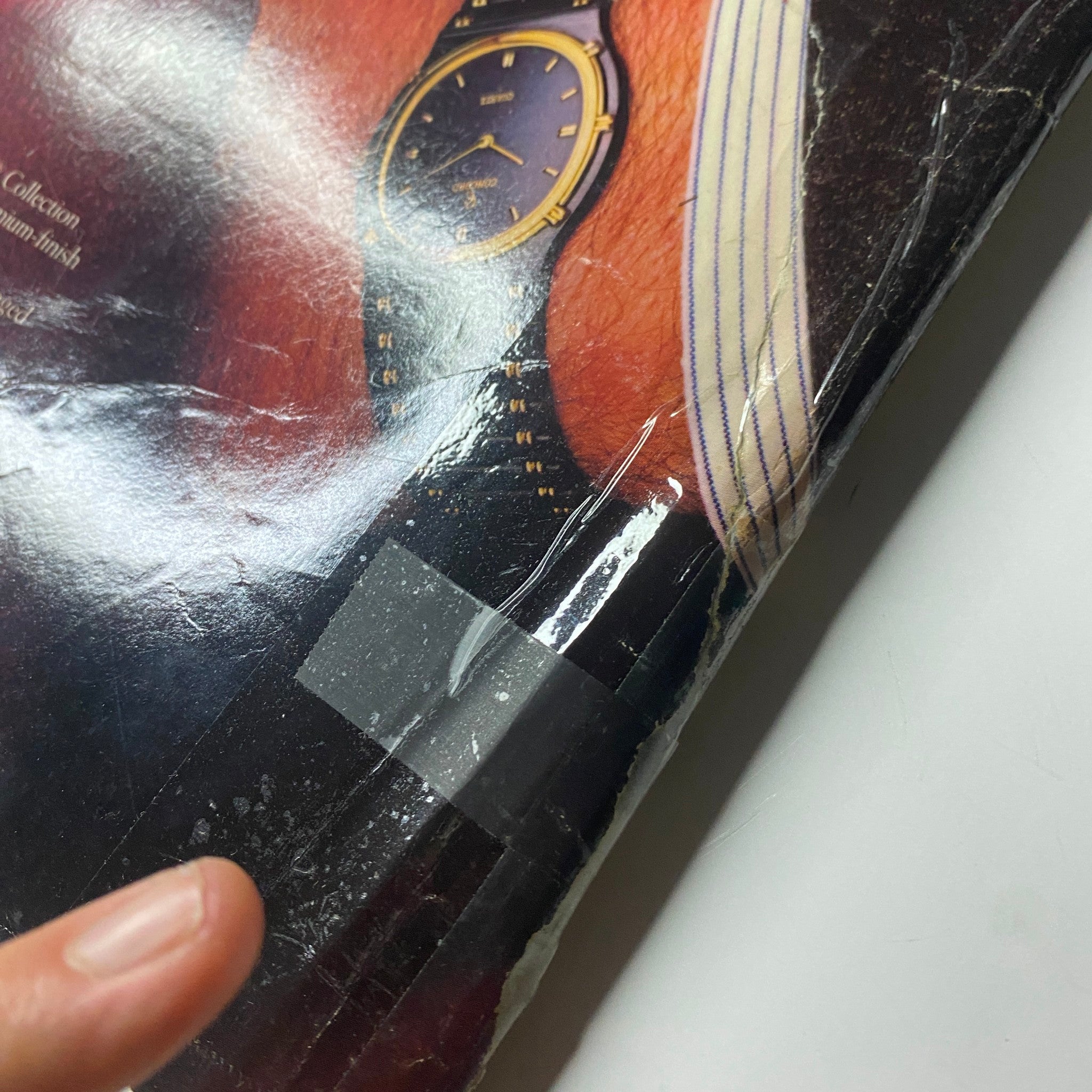Close-up of the Town & Country Magazine June 1985 back cover, highlighting a detail of the Concord watch advertisement along with some wear and tear on the magazine cover. A valuable piece for vintage magazine collectors.