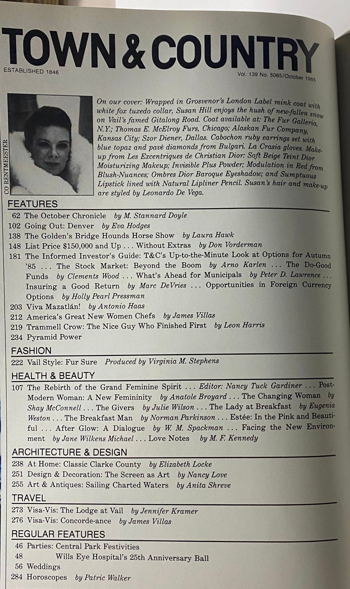 Inside view of Town & Country Magazine October 1985, showcasing features and articles including 'The October Chronicle' and health insights.