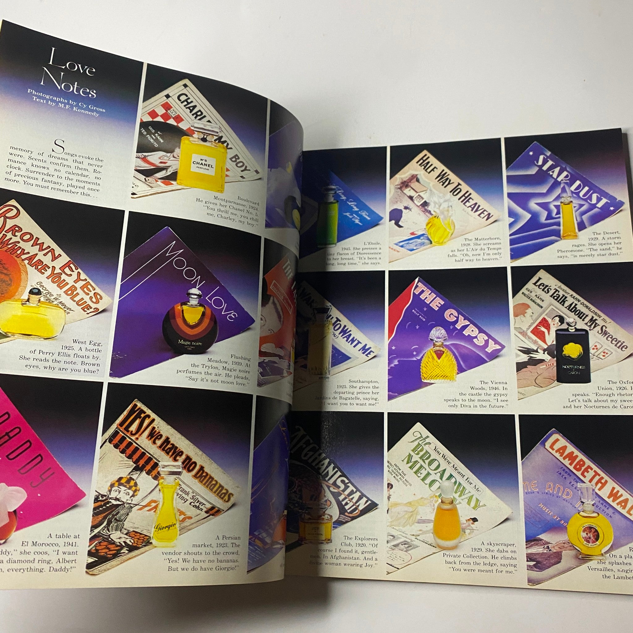 Page from Town & Country Magazine October 1985 showcasing advertisements for various perfumes, including Love Notes, with vibrant colors and artistic designs.