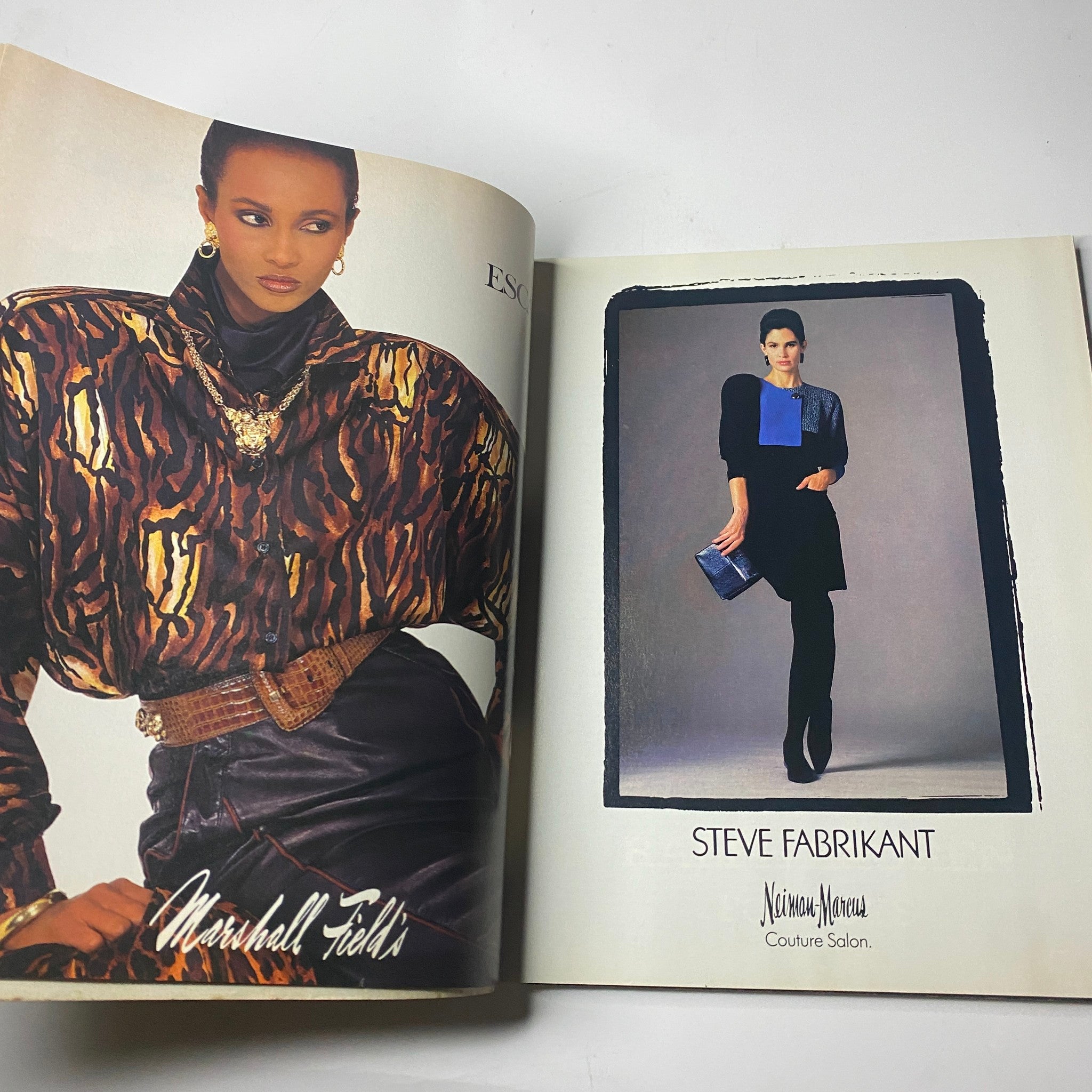 Inside spread of Town & Country Magazine August 1987, displaying a designer advertisement with a model in a bold patterned outfit, emphasizing fashion of the 1980s.