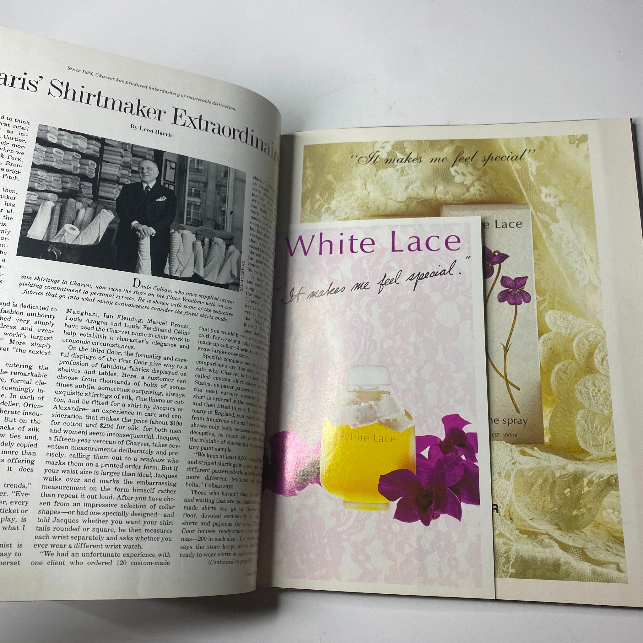 Inside Town & Country Magazine August 1987 featuring an article titled 'Paris' Shirtmaker Extraordinaire' by Leon Harris, showcasing fashion editorial content.
