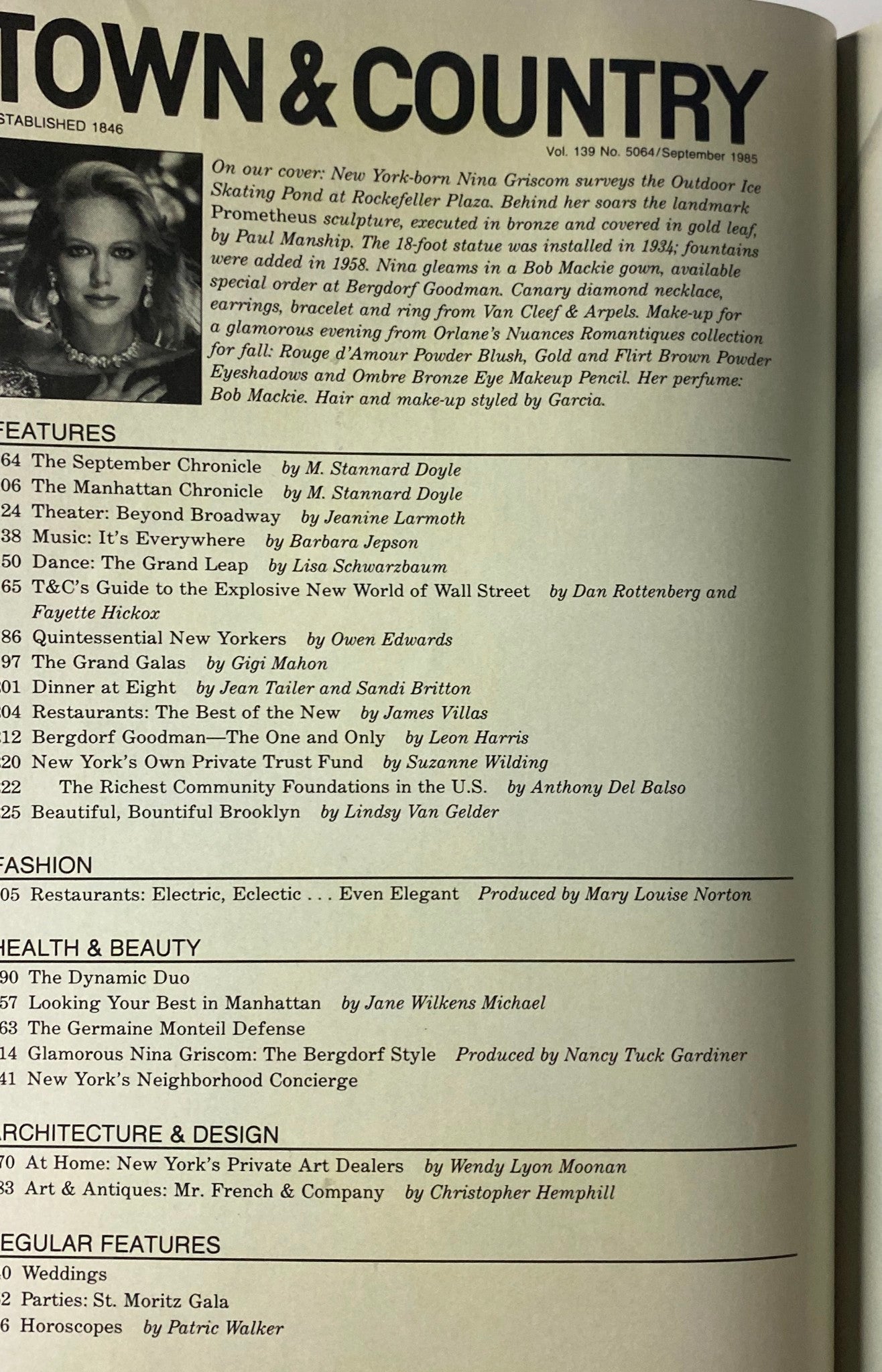 Interior page from Town & Country Magazine September 1985 listing features and editorials, providing insights into the cultural themes of the issue, with a focus on New York's social scene.