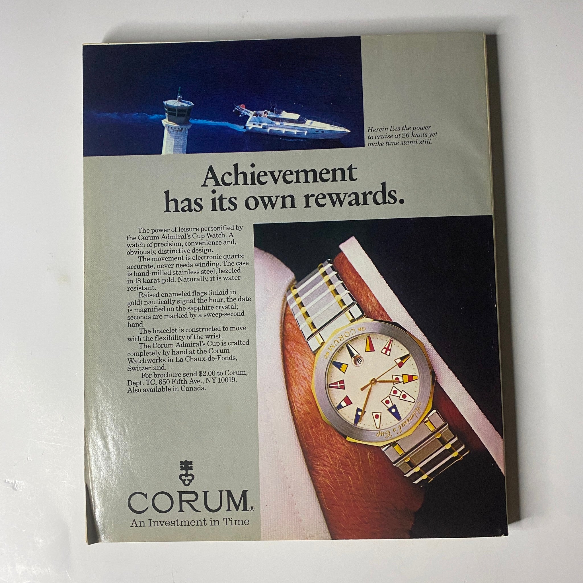Corum watch advertisement showcasing a luxurious timepiece with a unique design, emphasizing achievement and elegance, from the Town & Country Magazine September 1985 issue with Nina Griscom cover.