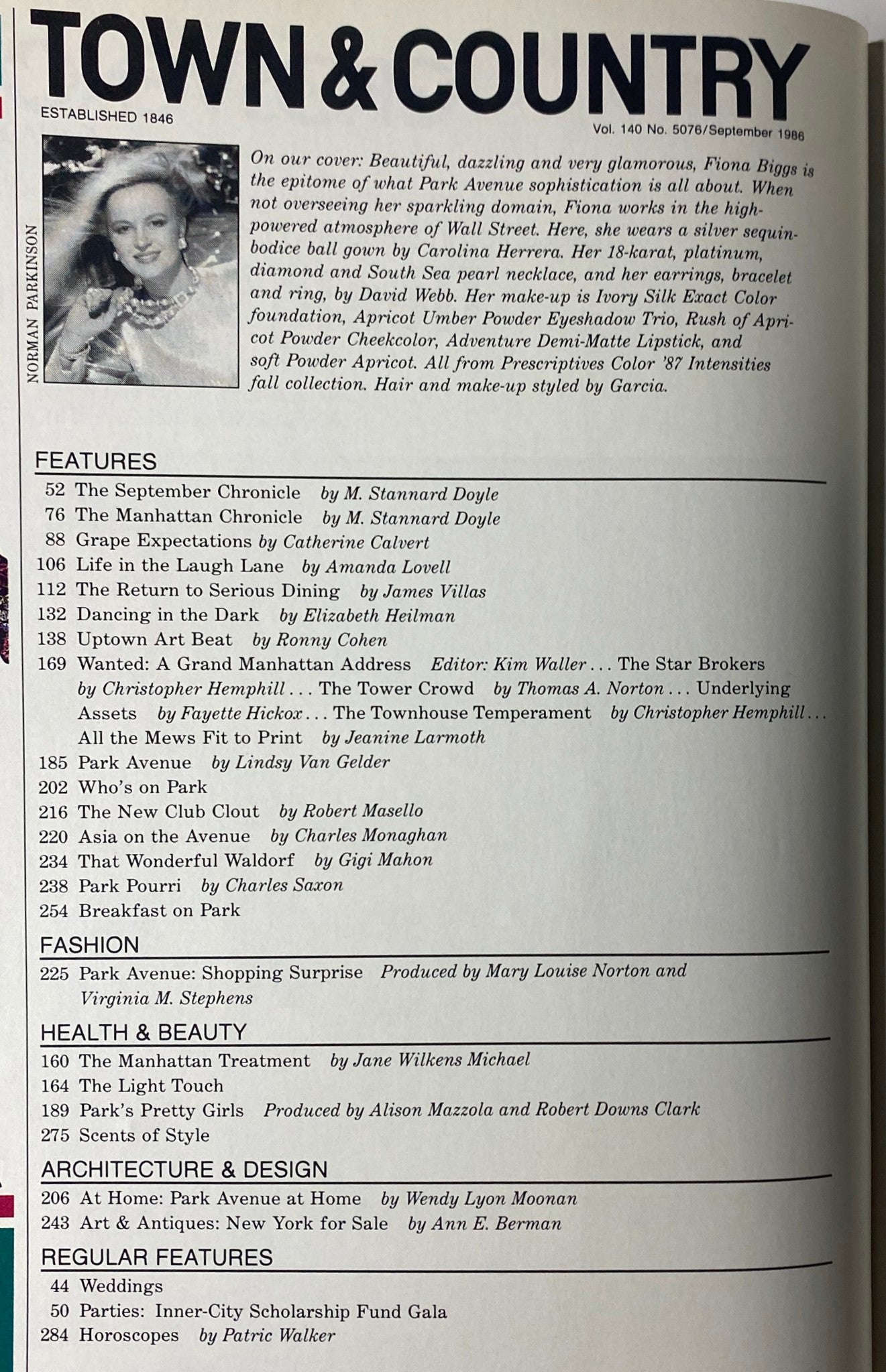 Table of contents from Town & Country Magazine, September 1986, highlighting feature articles and editorial content.