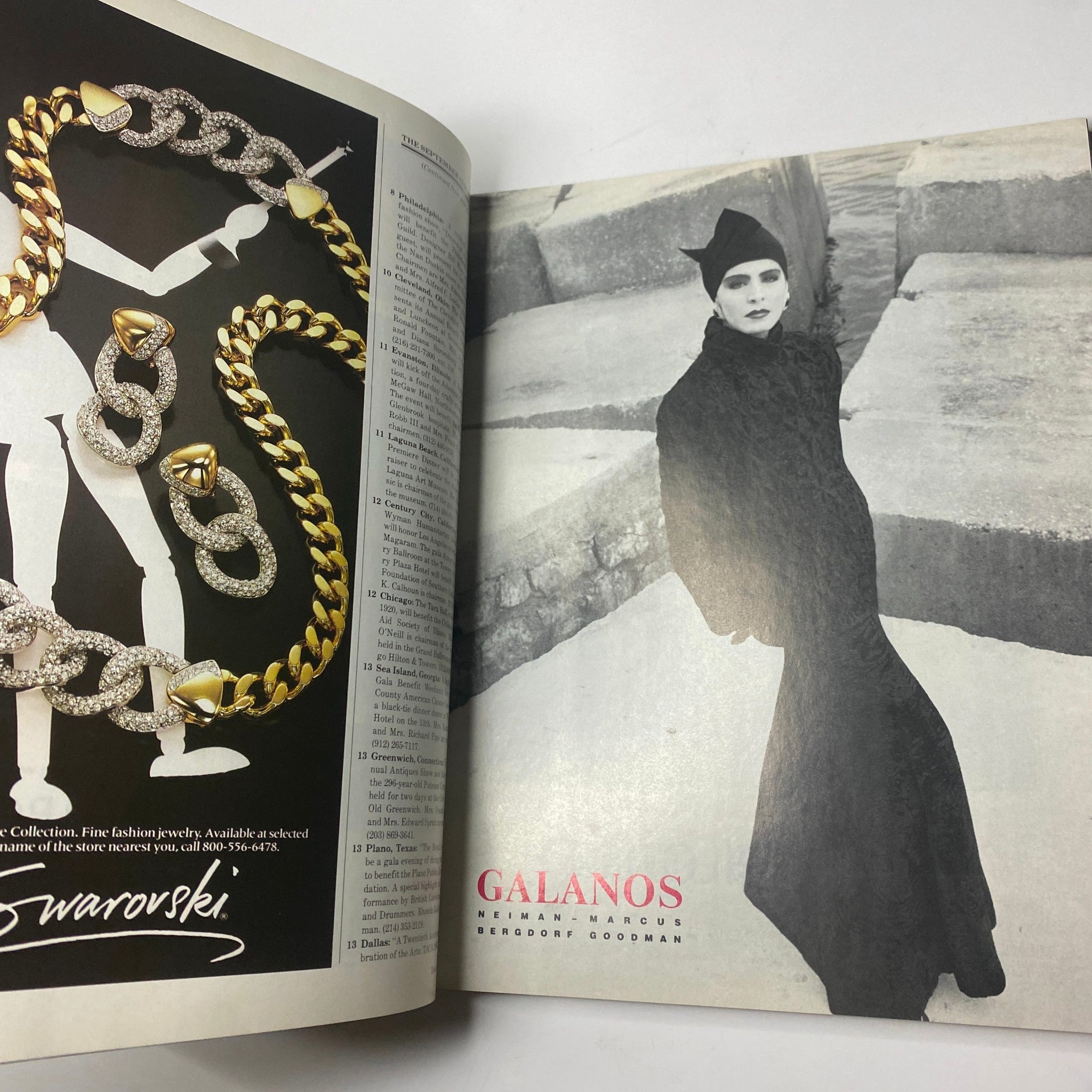 Inside spread of Town & Country Magazine, September 1986, showcasing Galanos fashion designs with model and fashion jewelry advertisements.