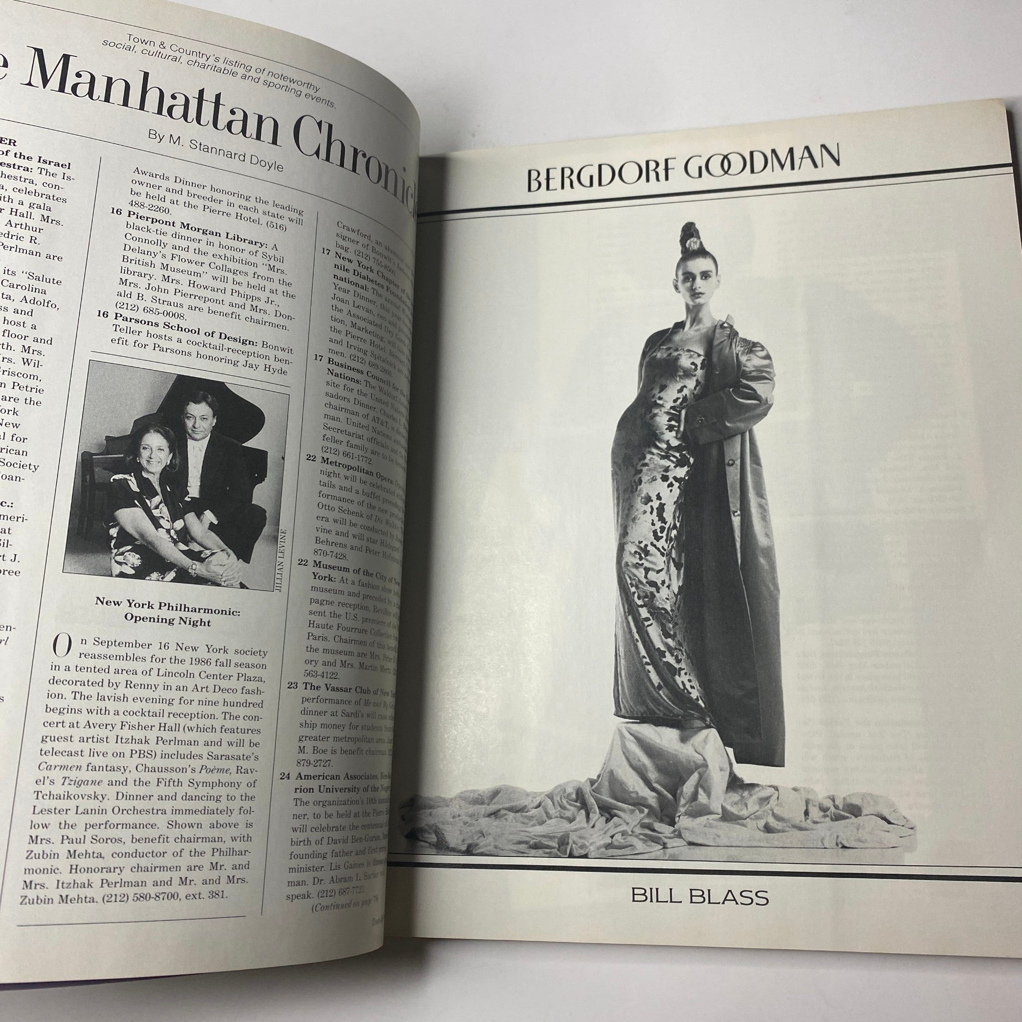 Bergdorf Goodman advertisement featuring a model in a striking black and white photo, showcasing a Bill Blass design. Town & Country Magazine September 1986 Fiona Biggs Cover No Label.