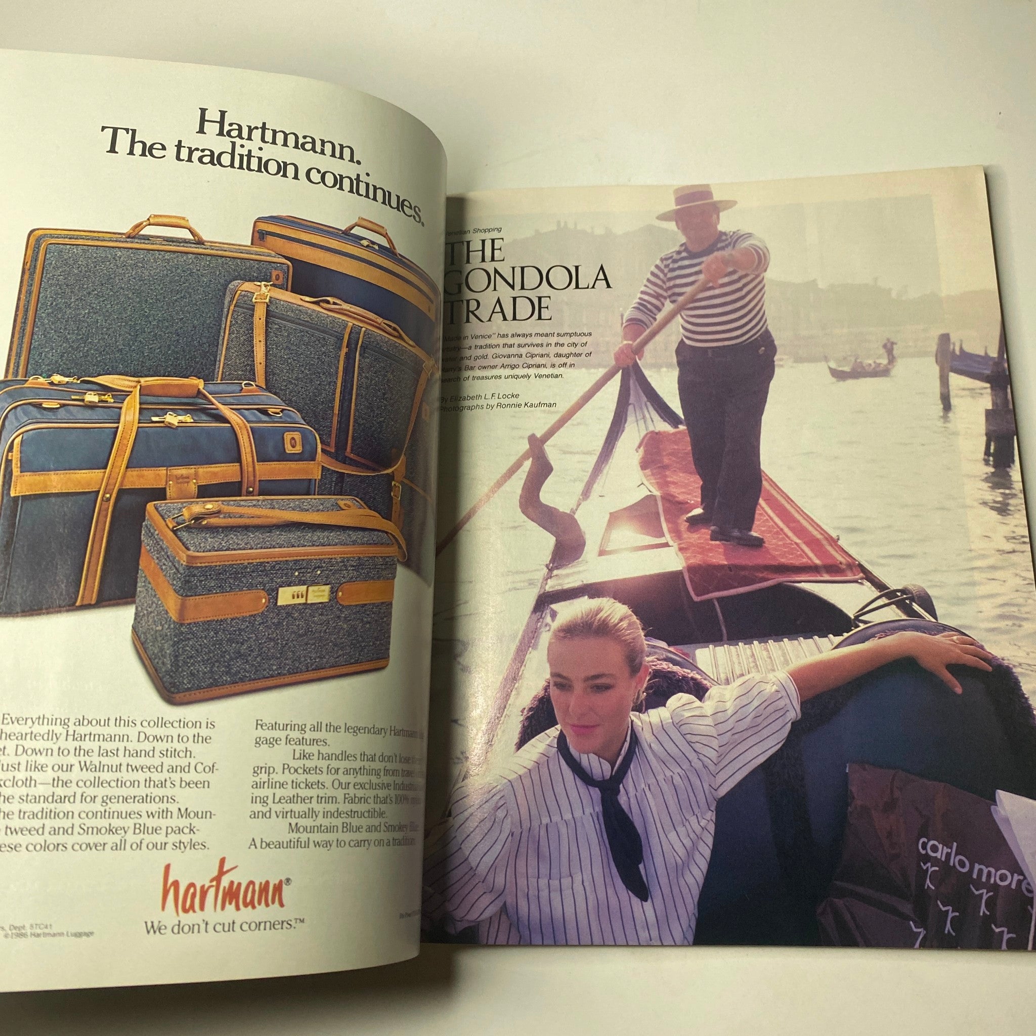 Another inside page from Town & Country Magazine May 1987 highlighting the Hartmann luggage advertisement and travel-related content.