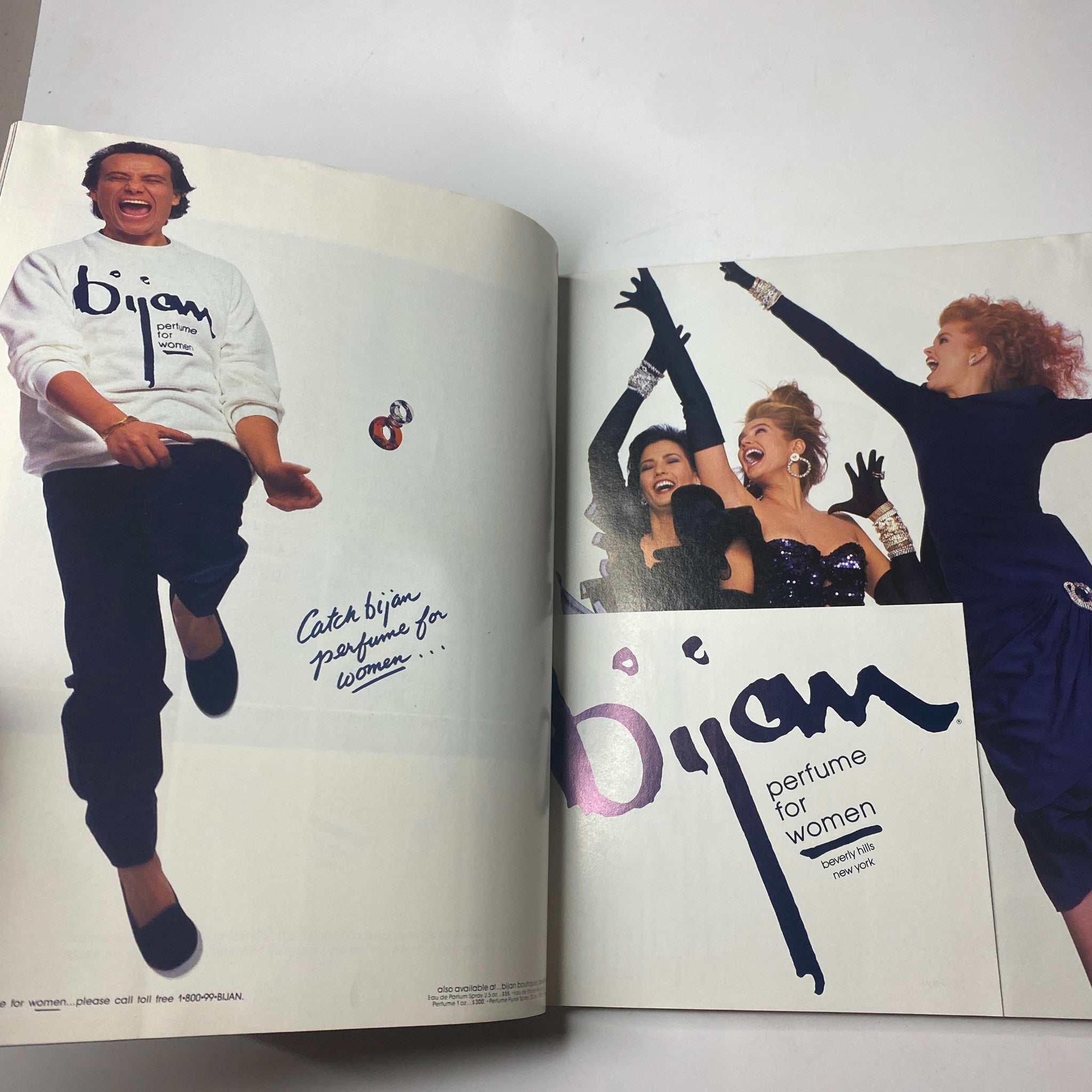 Vintage advertisement for Bijan perfume for women featured in Town & Country Magazine May 1987, showcasing a cheerful model in a white sweatshirt and glamorous women wearing elegant outfits.