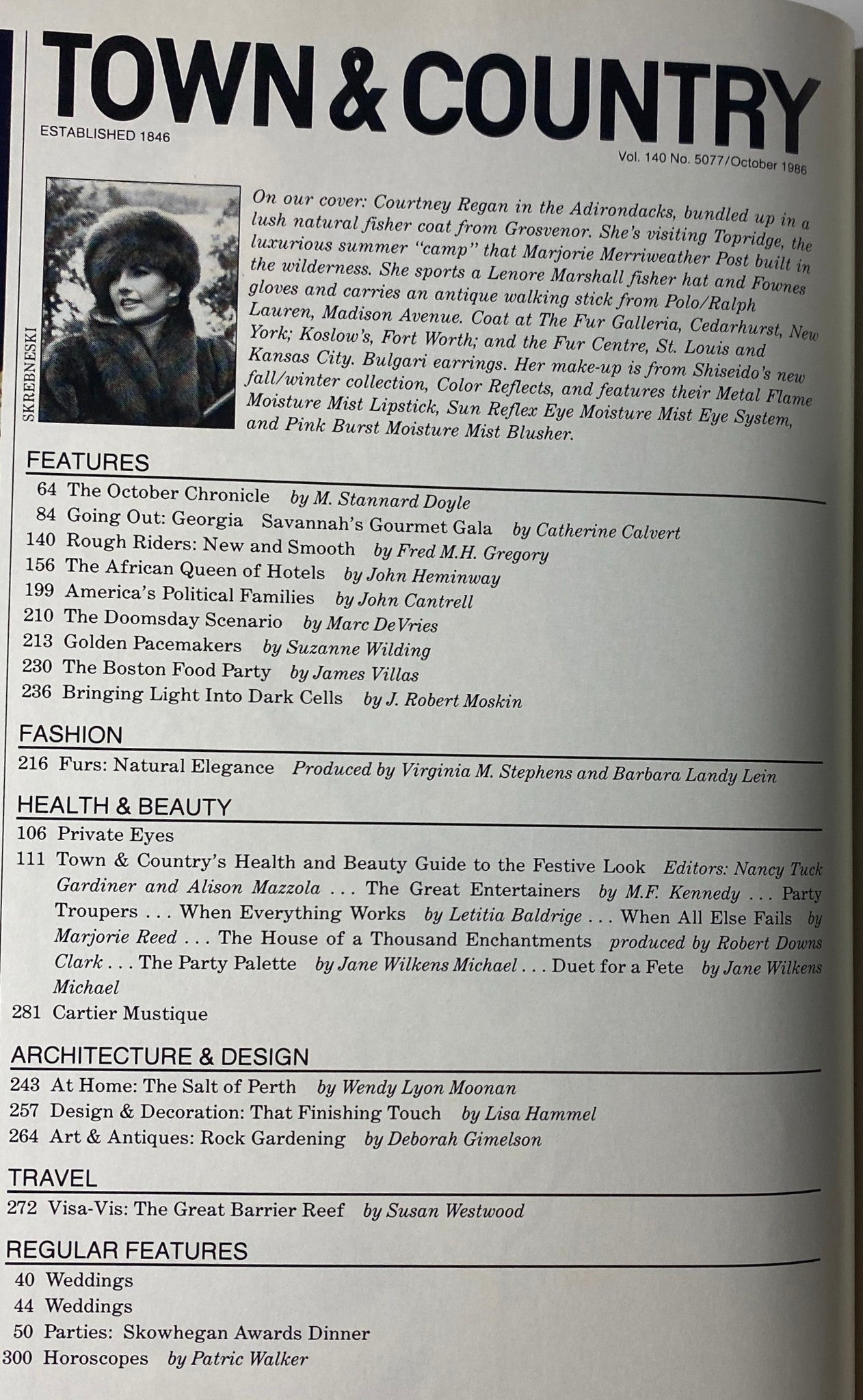 Inside page of Town & Country Magazine October 1986, detailing features like The October Chronicle and Savannah's Gourmet Gala, capturing the elegance of 1980s high-society.