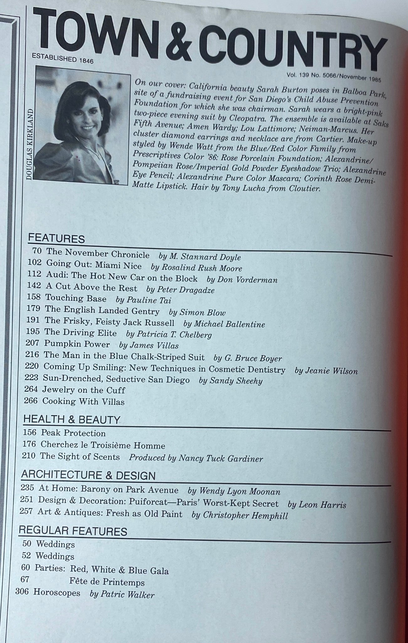 Table of contents from Town & Country Magazine November 1985, highlighting featured articles and sections including weddings and architecture.